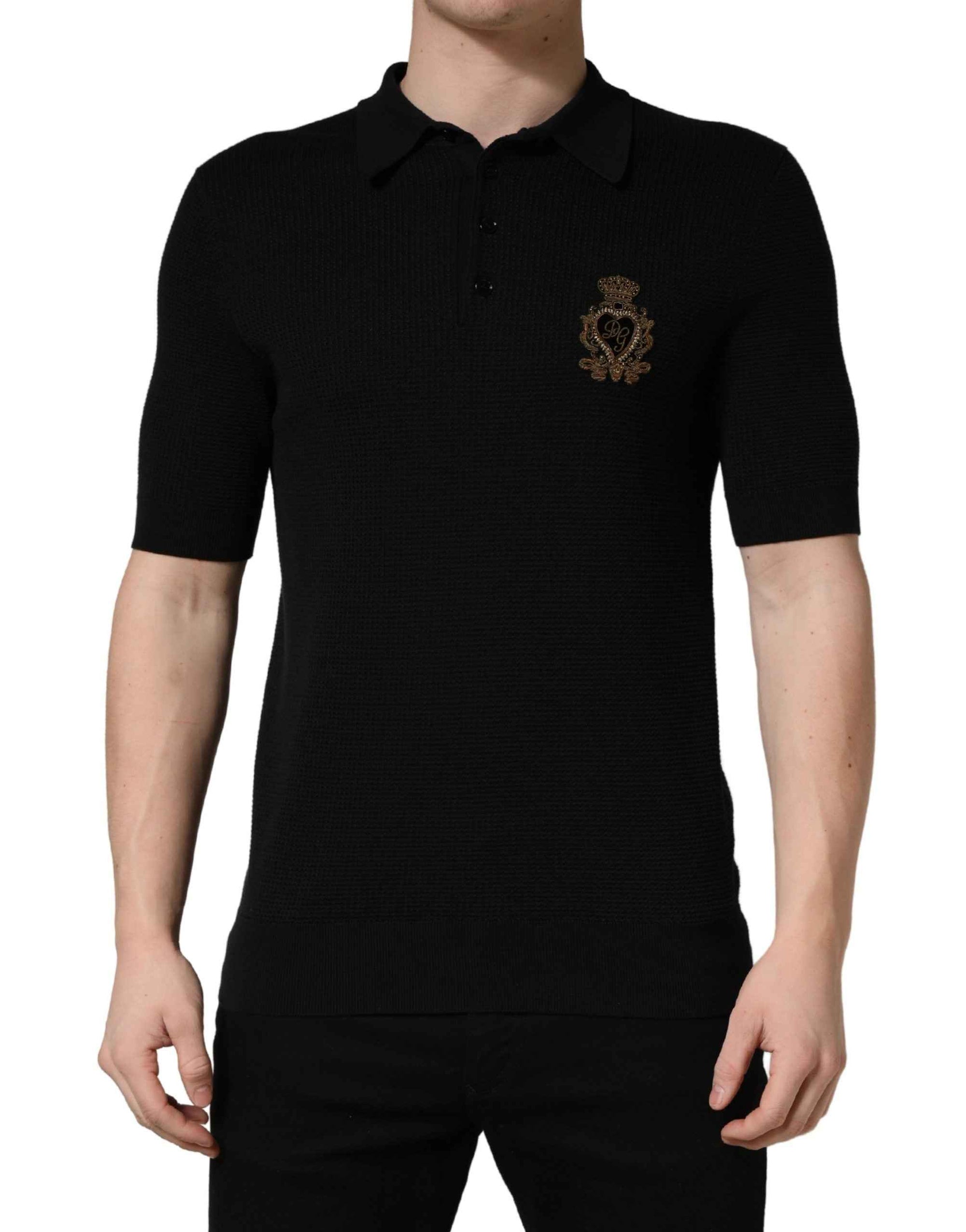 Dolce & Gabbana Black Heraldic Crest Patch Silk Polo T-shirt