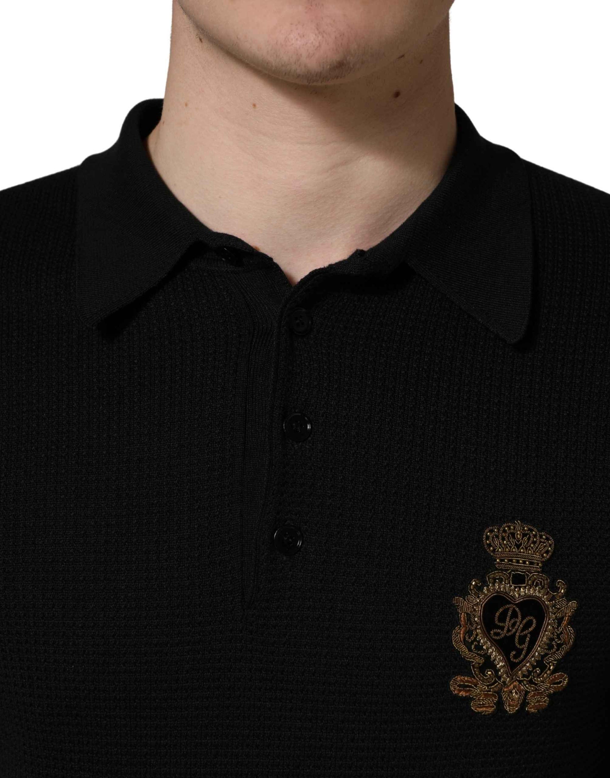 Dolce & Gabbana Black Heraldic Crest Patch Silk Polo T-shirt