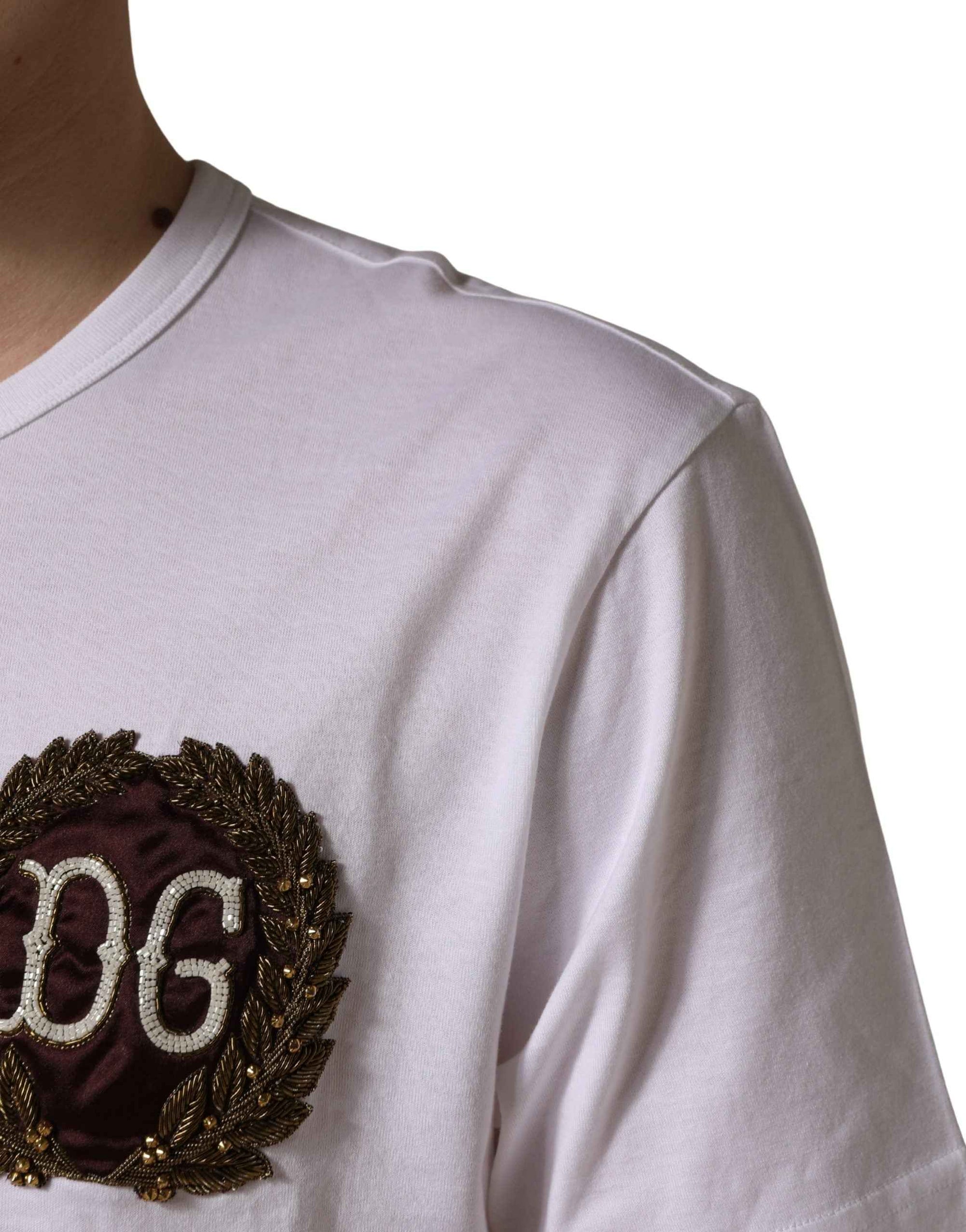 Dolce & Gabbana White DG Leaf Embroidery Crew Neck  T-shirt