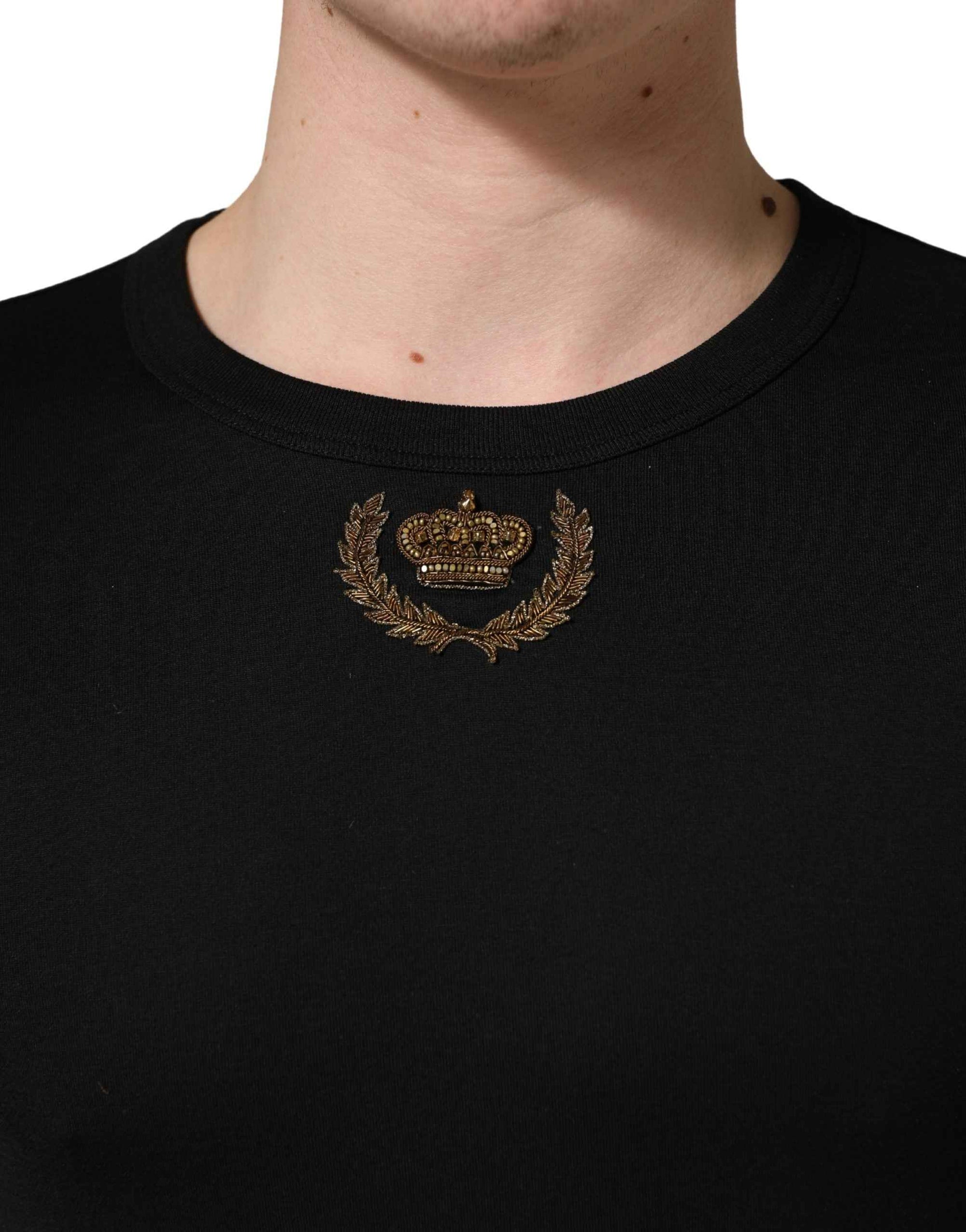 Dolce & Gabbana Black Crown Embroidery Men Crew Neck  T-shirt