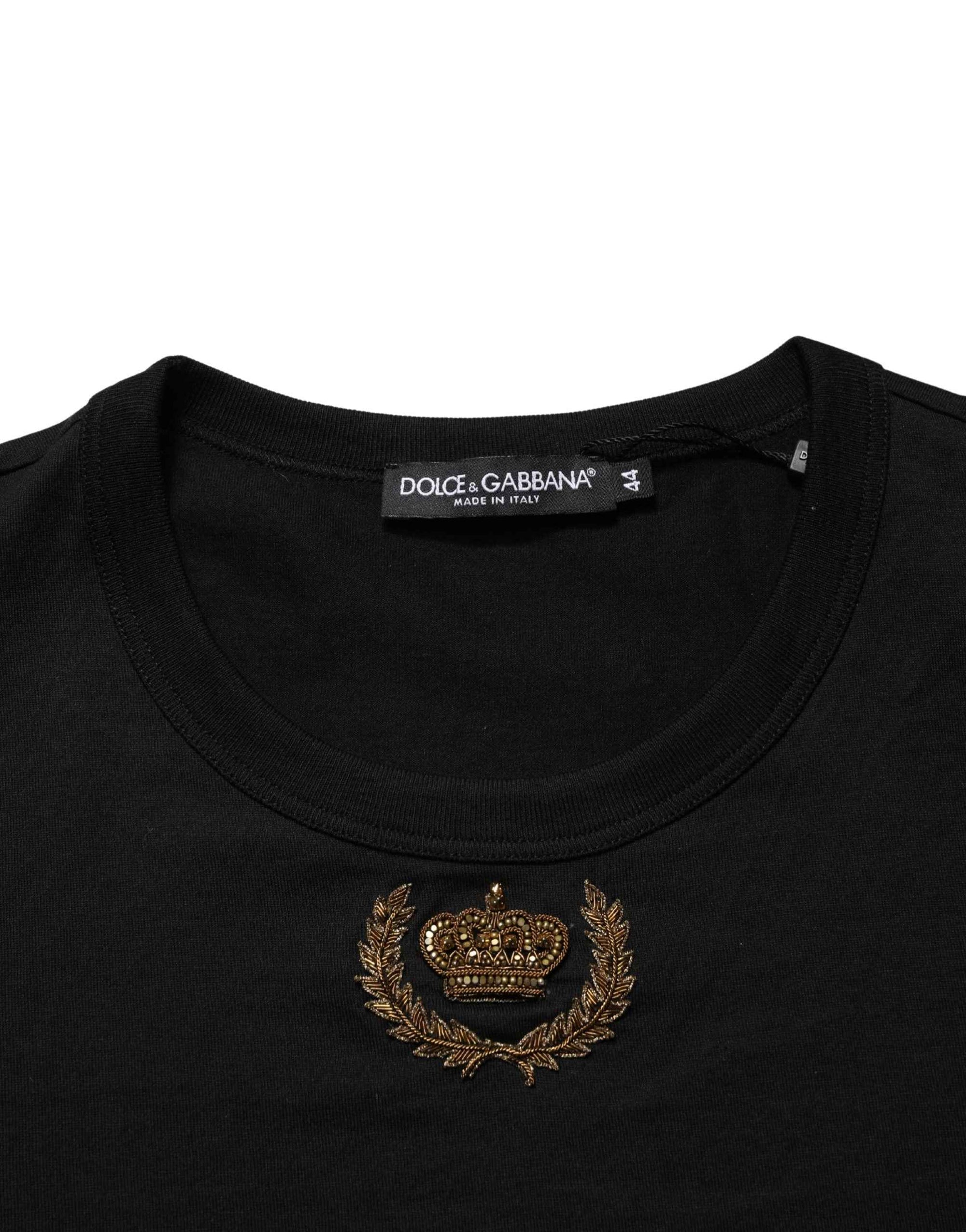 Dolce & Gabbana Black Crown Embroidery Men Crew Neck  T-shirt