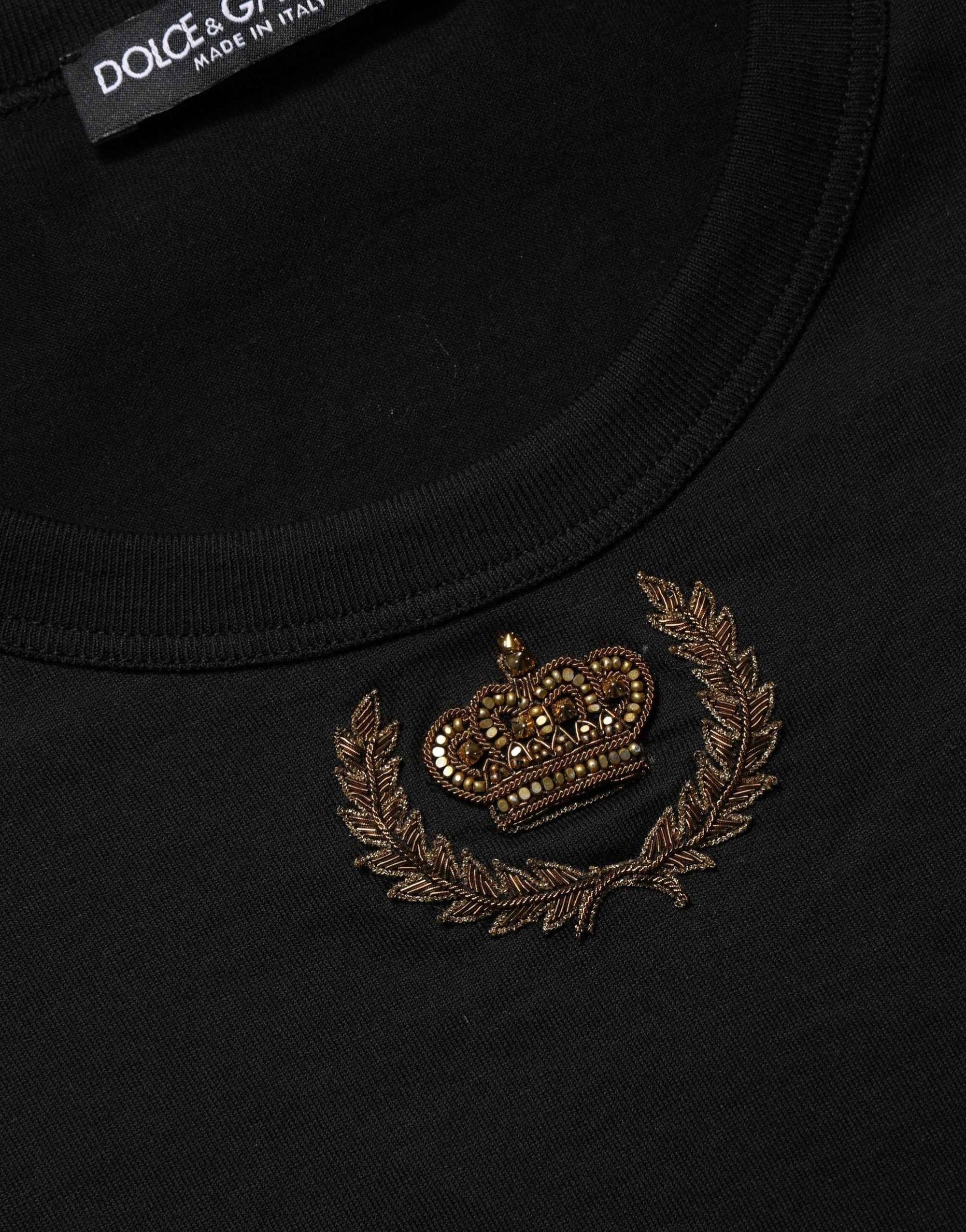 Dolce & Gabbana Black Crown Embroidery Men Crew Neck  T-shirt