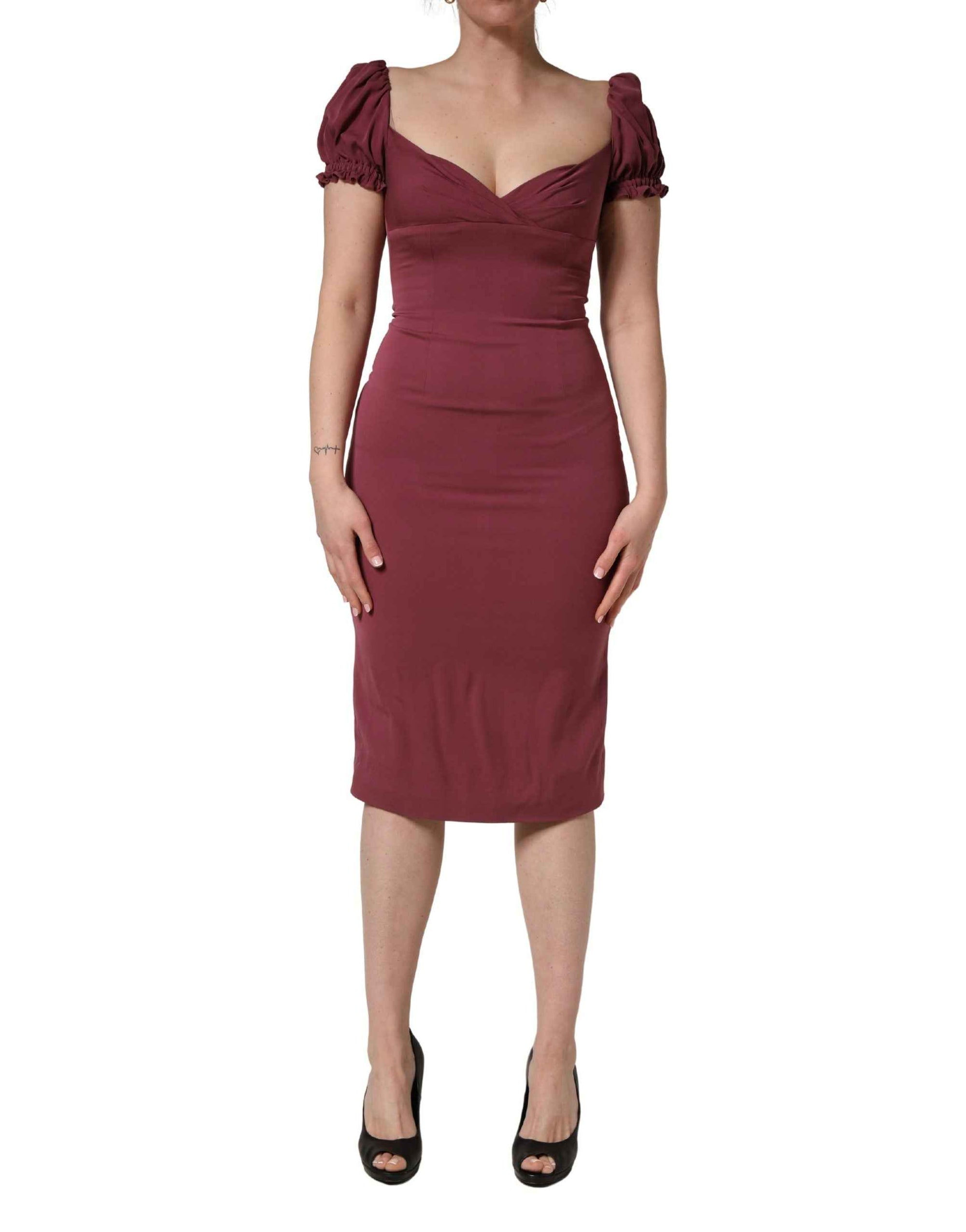 Dolce & Gabbana Maroon Silk Sweetheart Sheath Midi Dress