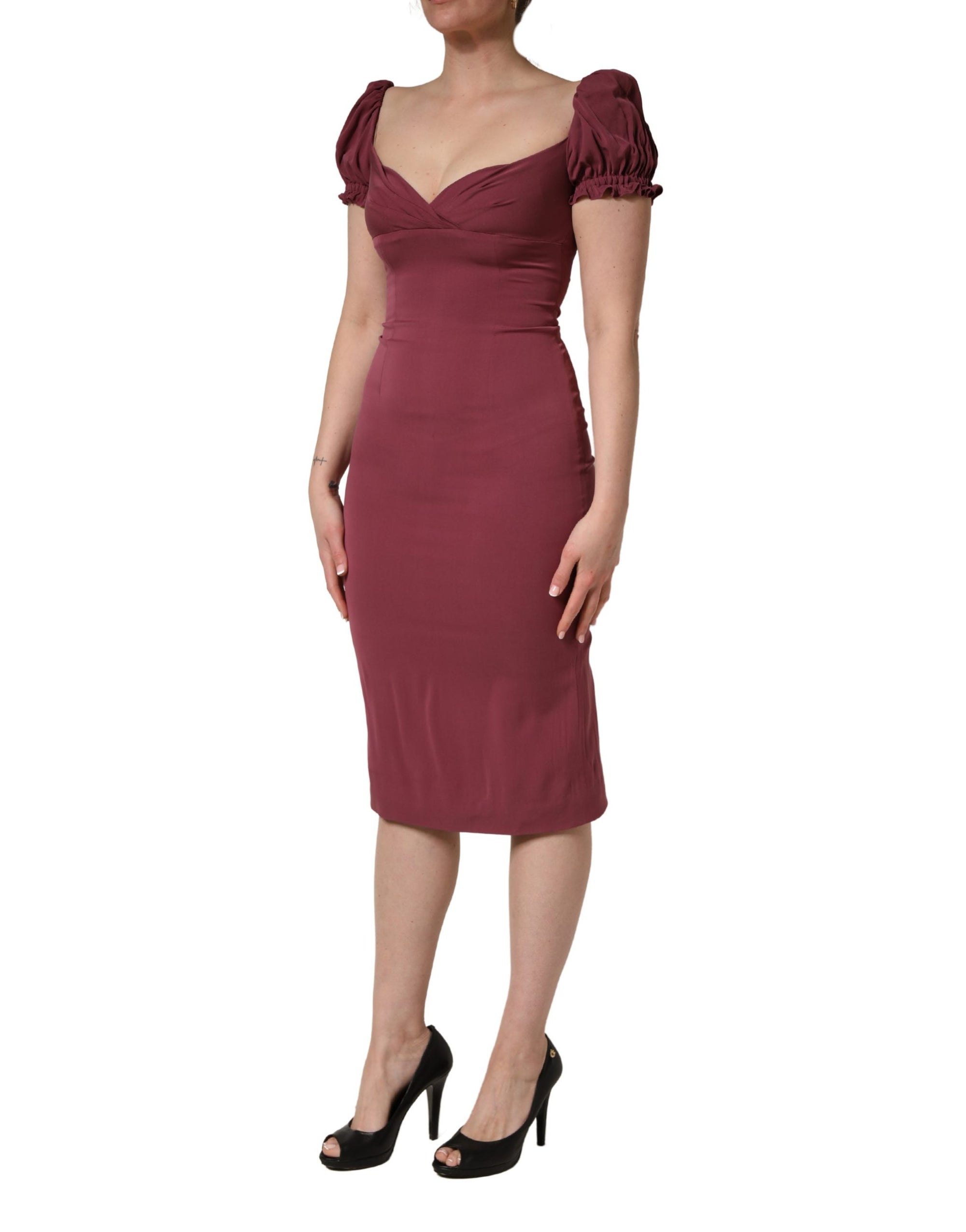 Dolce & Gabbana Maroon Silk Sweetheart Sheath Midi Dress