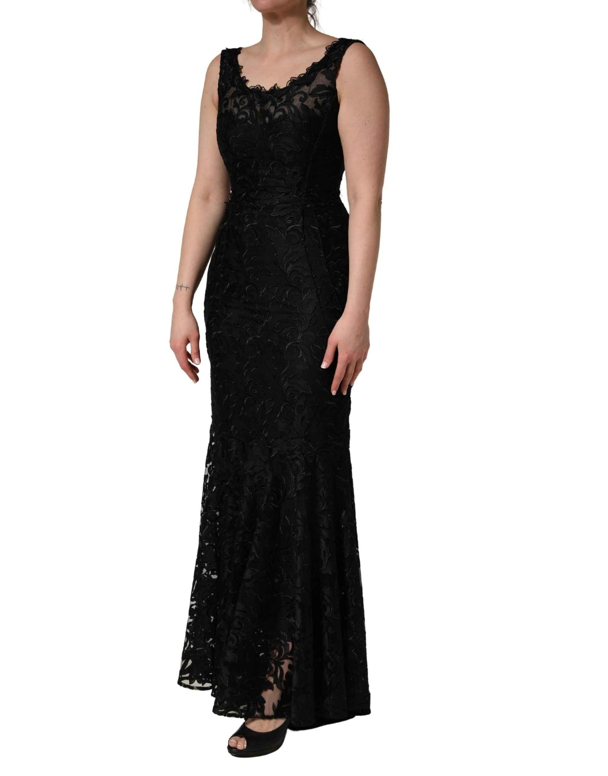 Dolce & Gabbana Black Floral Lace Evening Long Gown Dress