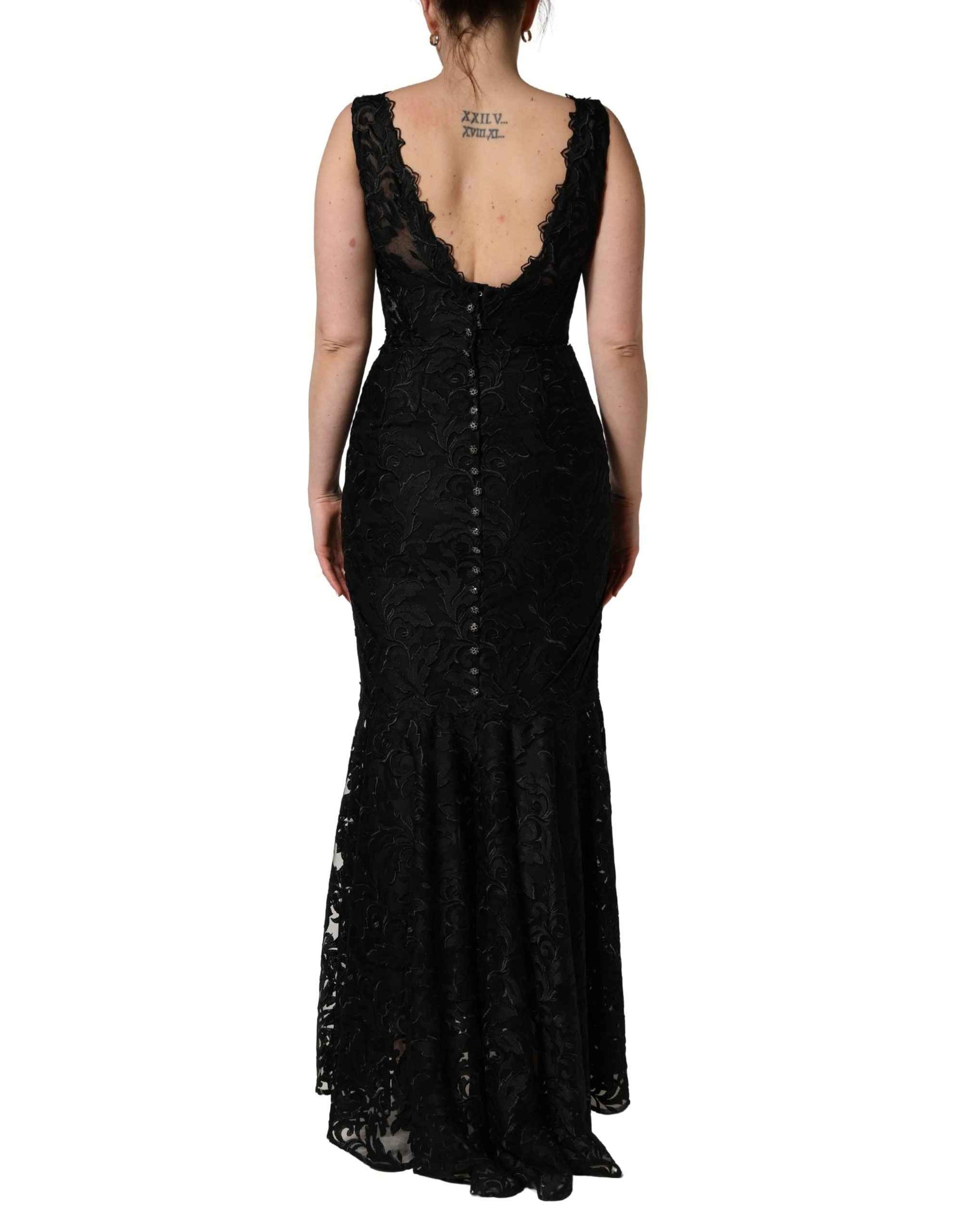 Dolce & Gabbana Black Floral Lace Evening Long Gown Dress