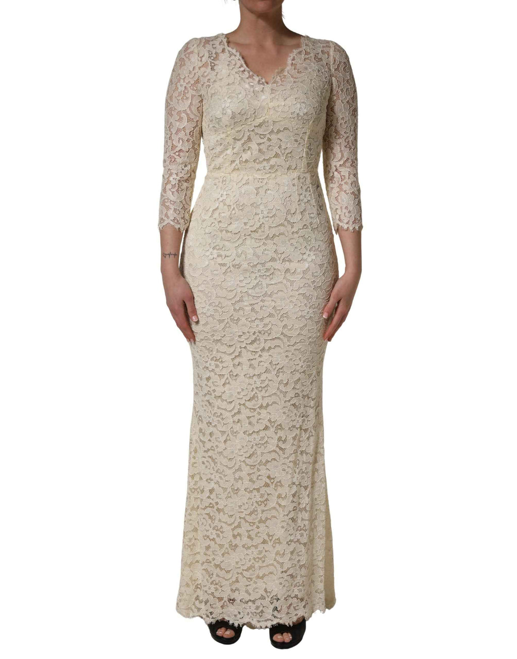 Dolce & Gabbana Off White Floral Lace Sheath Maxi Dress