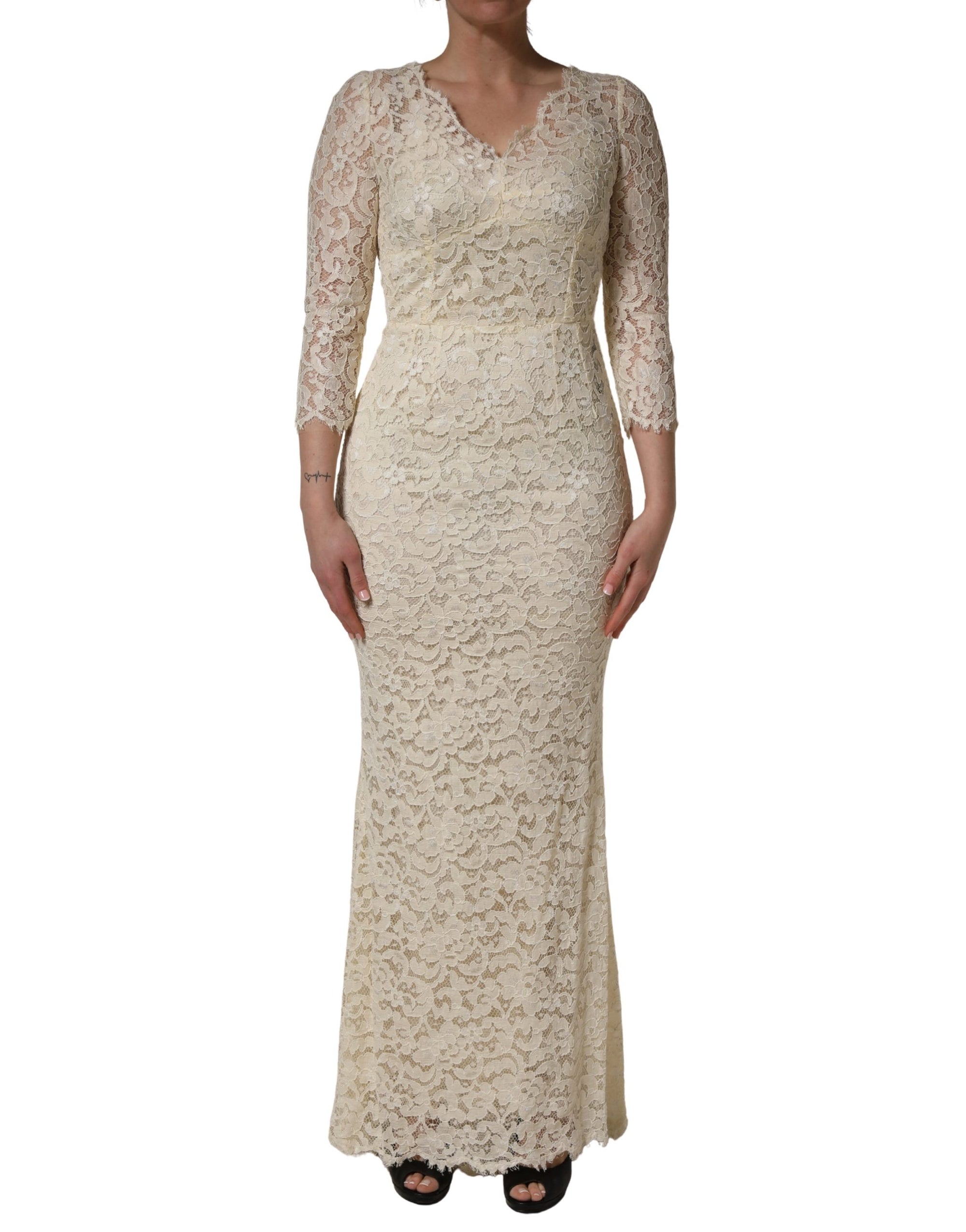 Dolce & Gabbana Off White Floral Lace Sheath Maxi Dress