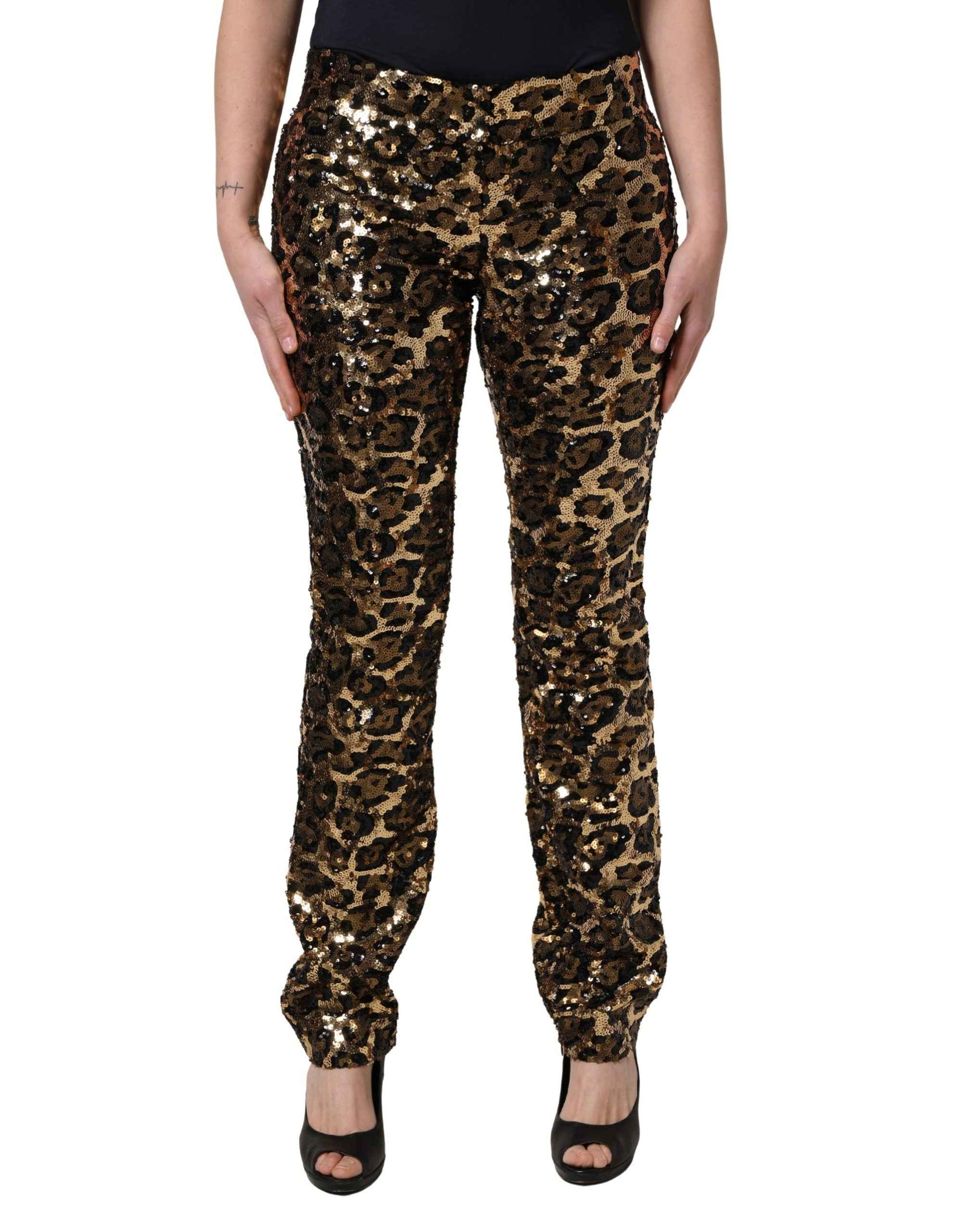 Dolce & Gabbana Gold Leopard Sequined Straight Trouser Pants