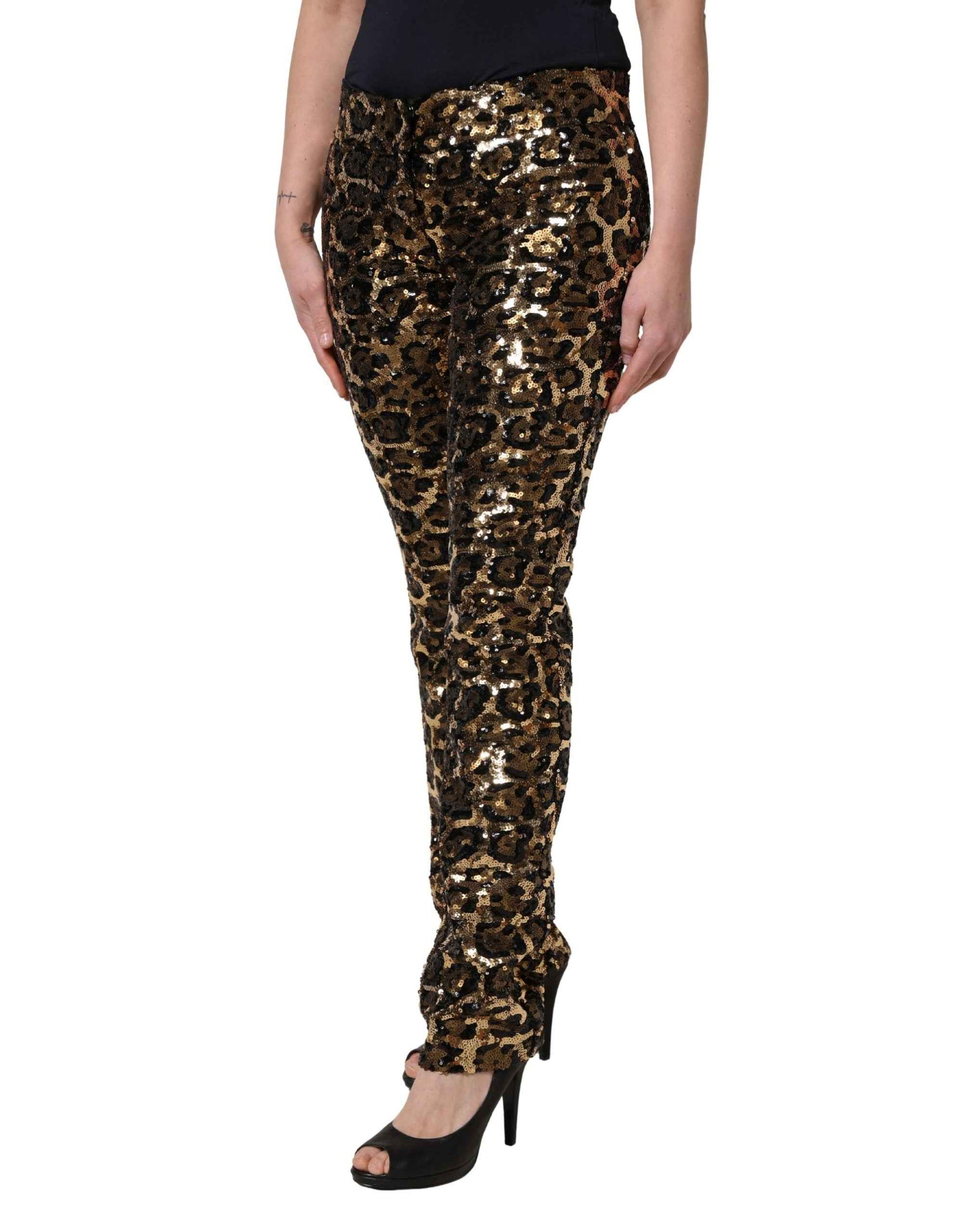 Dolce & Gabbana Gold Leopard Sequined Straight Trouser Pants