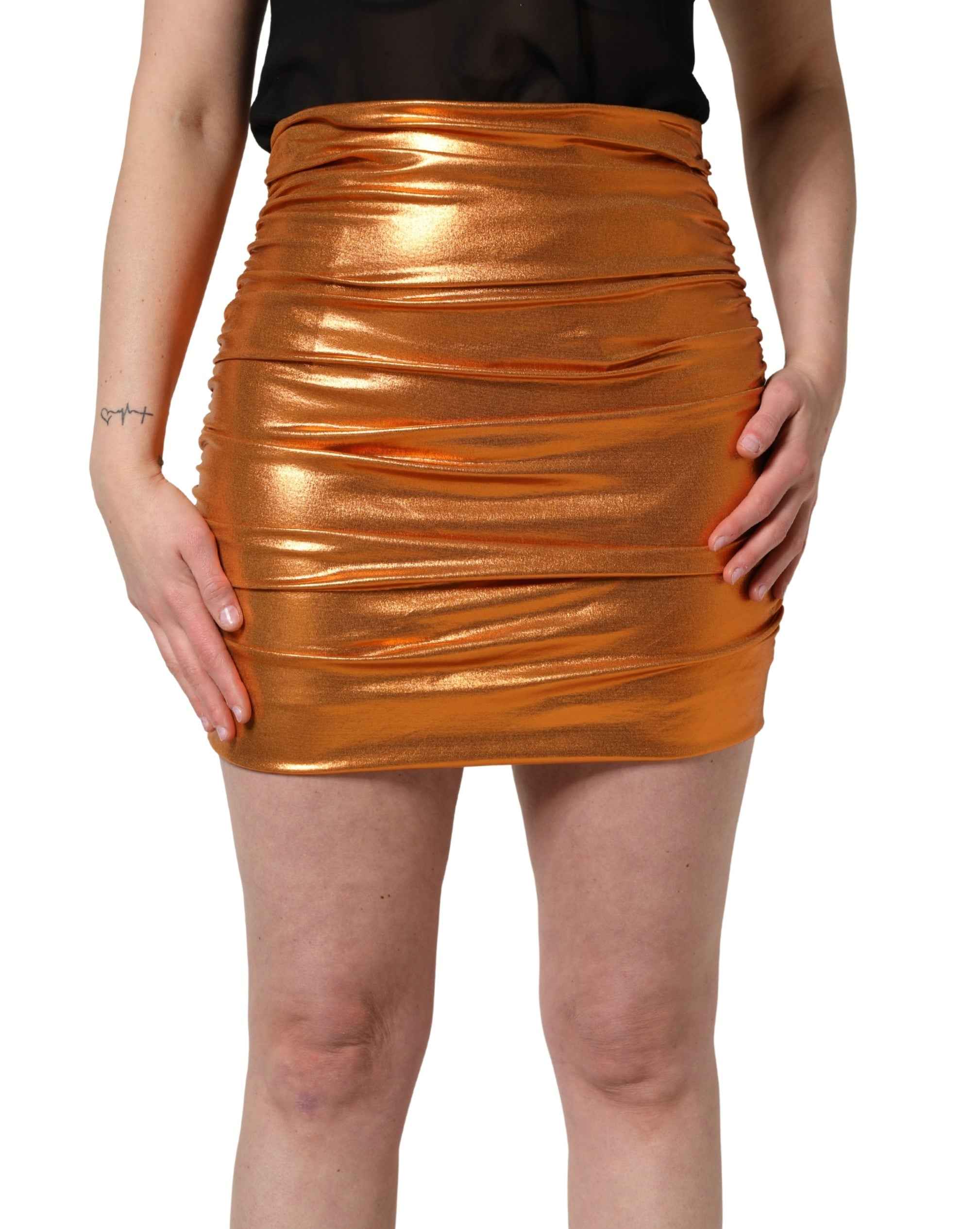 Dolce & Gabbana Metallic Orange Ruched Lame Bodycon Mini Skirt