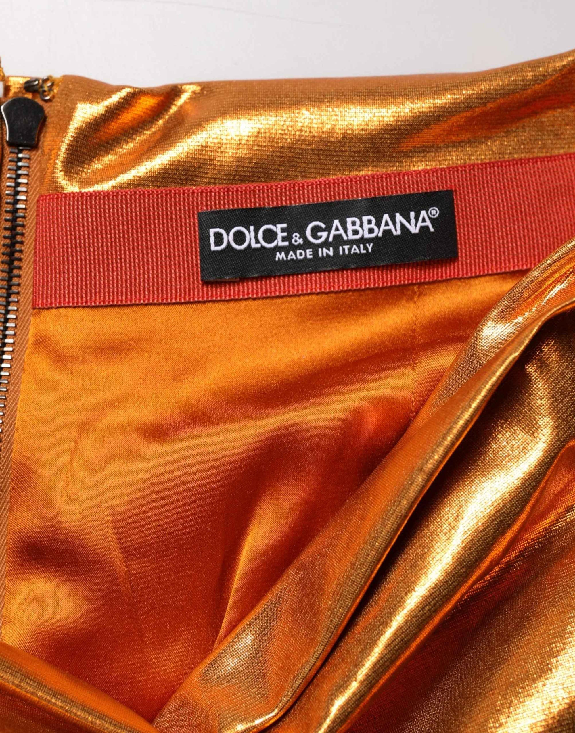 Dolce & Gabbana Metallic Orange Ruched Lame Bodycon Mini Skirt