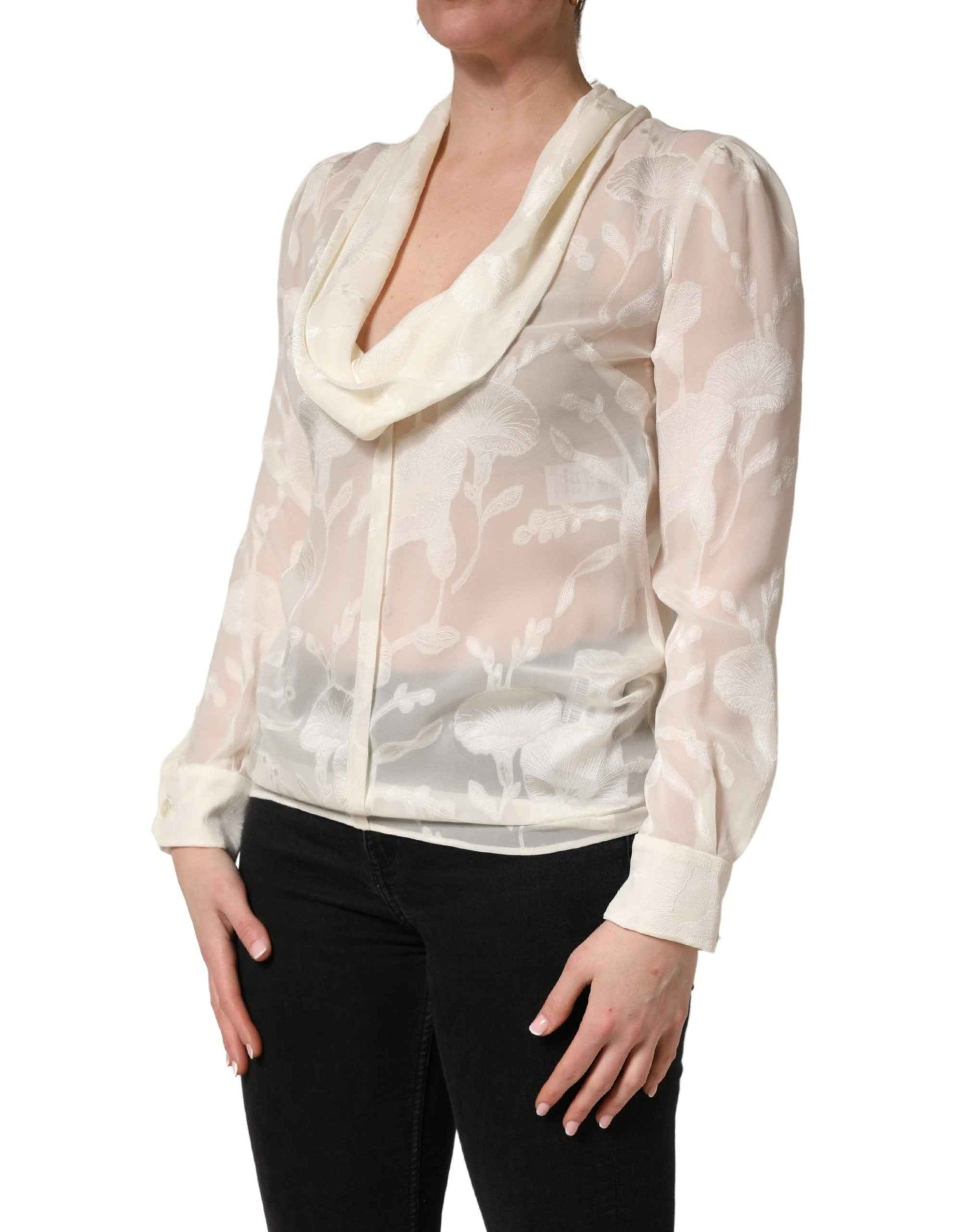 Dolce & Gabbana Off White Floral Semi Sheer Silk Blouse Top