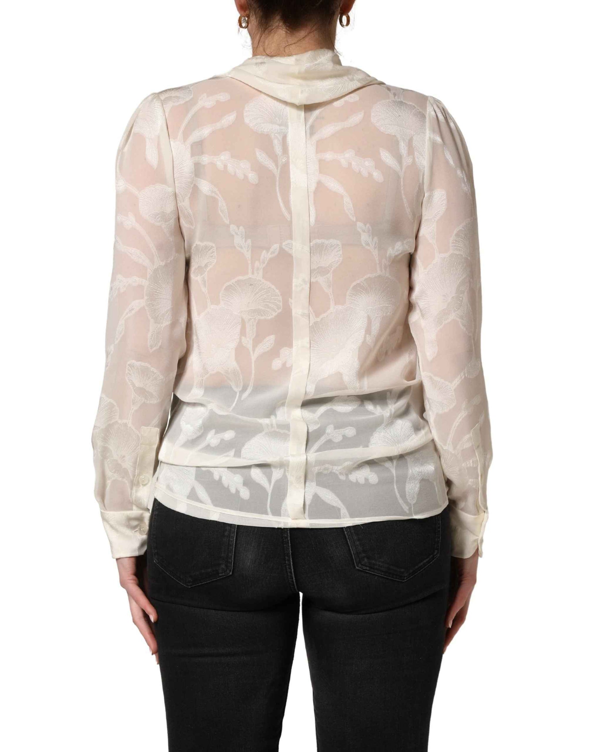 Dolce & Gabbana Off White Floral Semi Sheer Silk Blouse Top