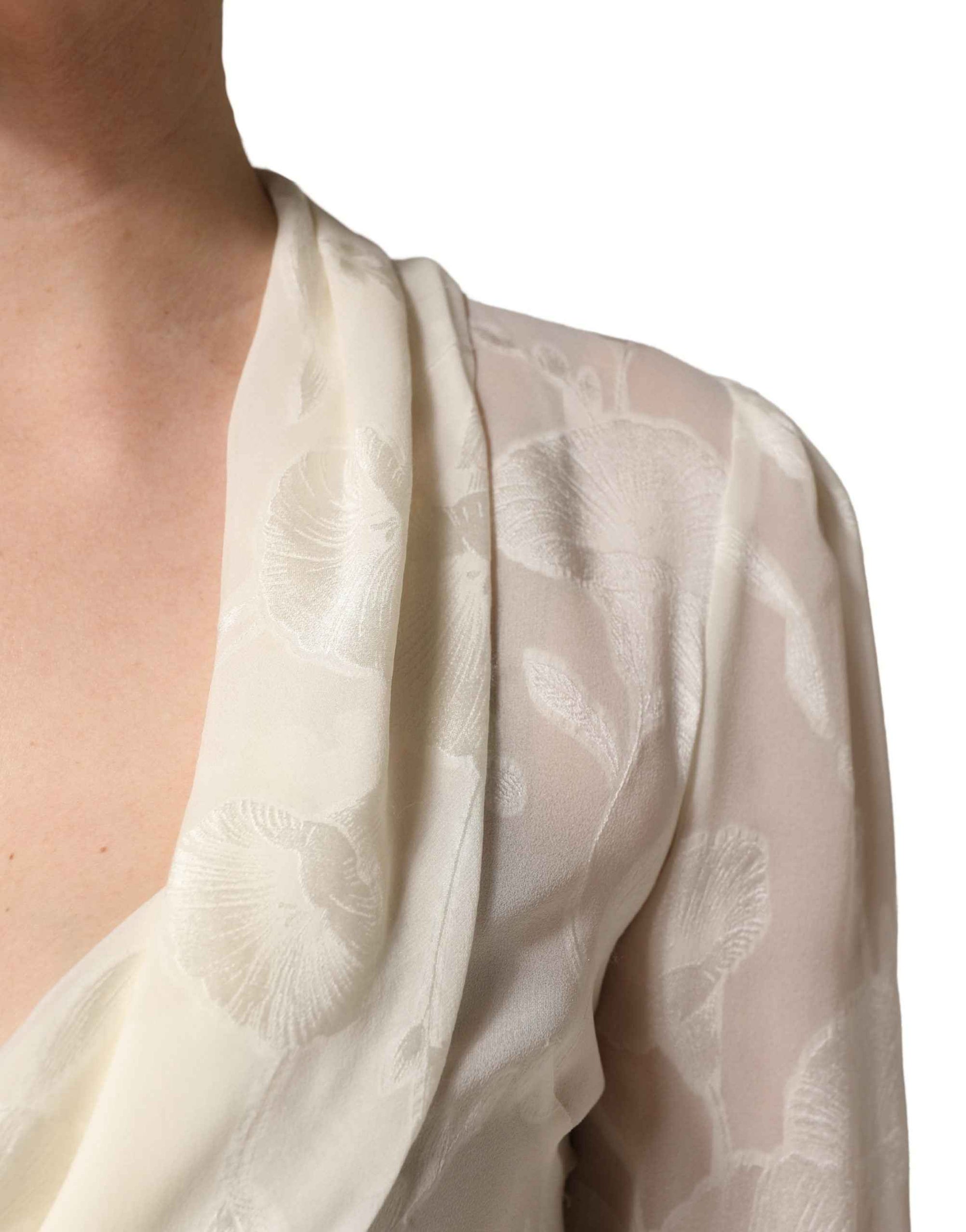 Dolce & Gabbana Off White Floral Semi Sheer Silk Blouse Top