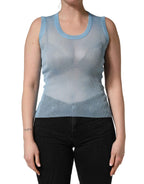 Dolce & Gabbana Blue Semi Sheer Ribbed Sleeveless Tank Top