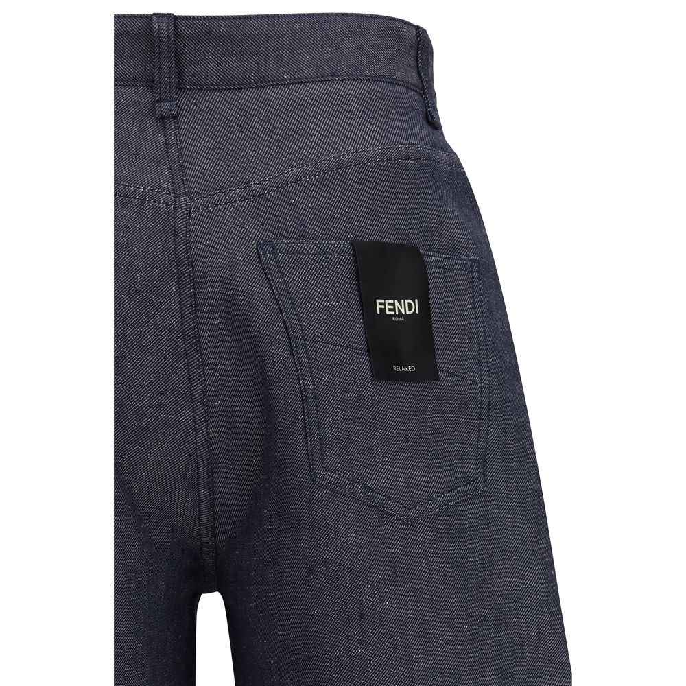 Fendi Blue Linen Relaxed Fit Jeans
