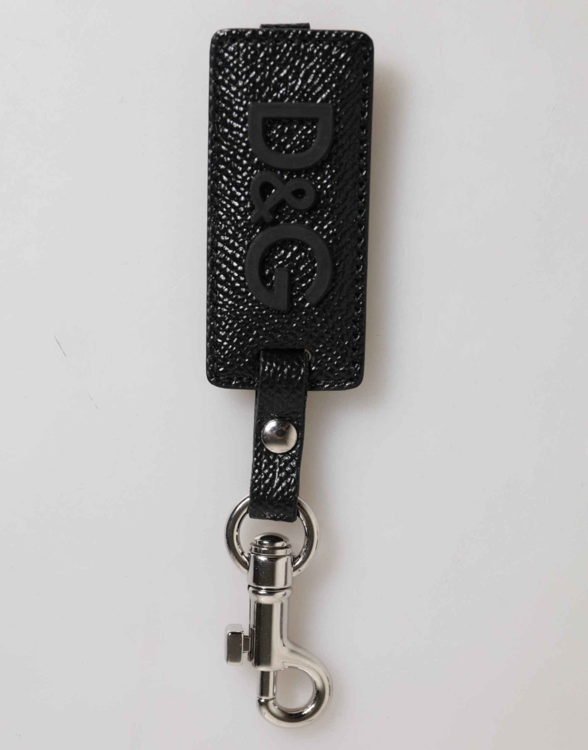 Dolce & Gabbana Black DG Logo Leather Silver Metal Keyring Men Keychain
