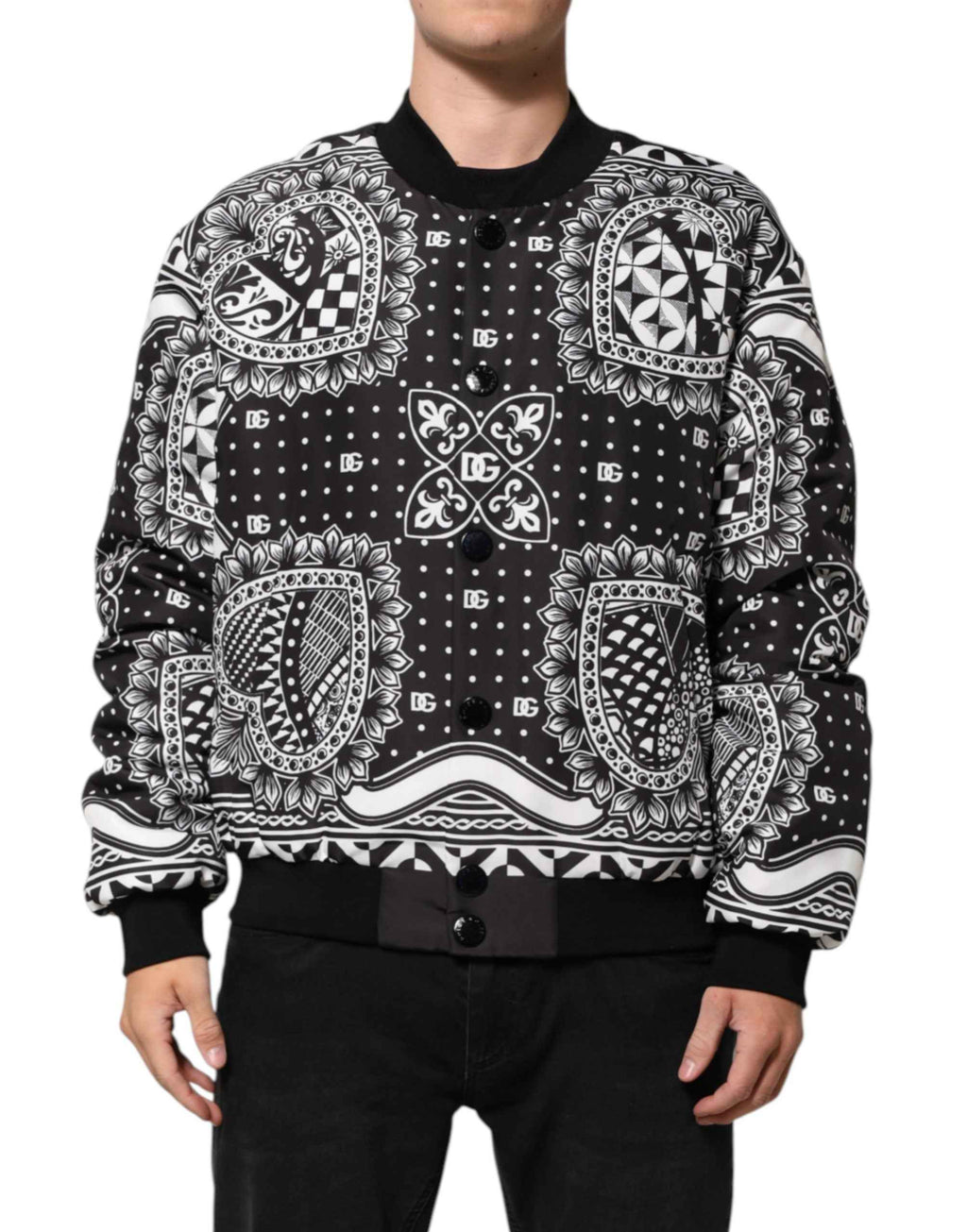 Dolce & Gabbana Black White BandanaPrint Men Bomber  Jacket