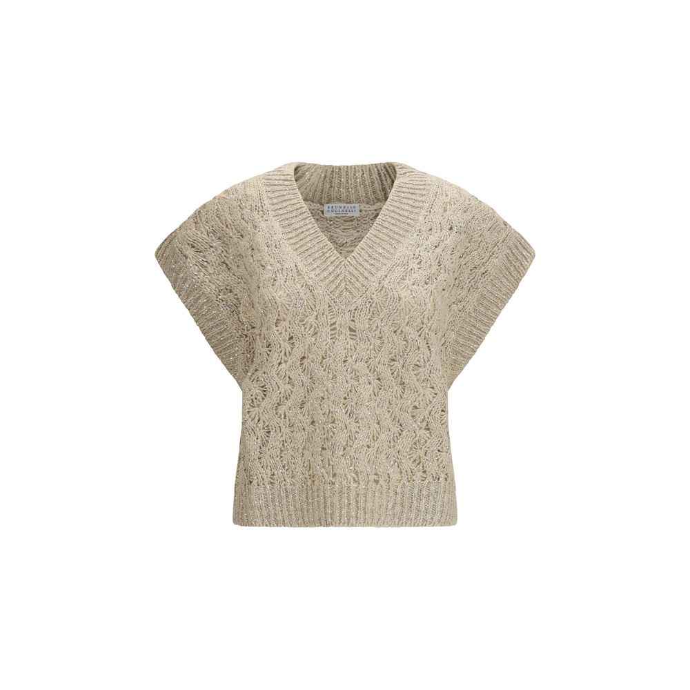 Brunello Cucinelli Beige Silk Sleeveles Sweater