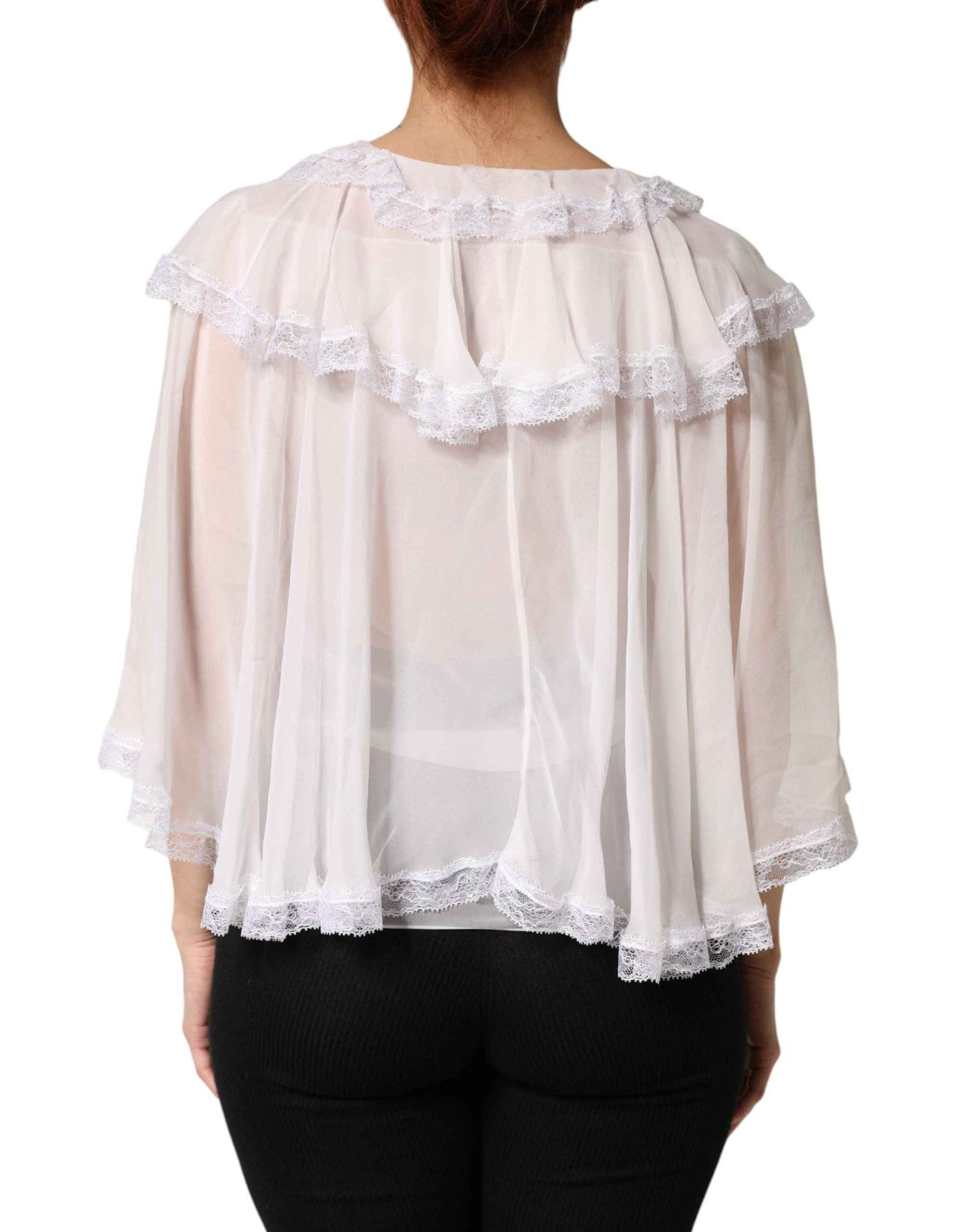 Dolce & Gabbana White LongSleeve Lace Trim Ruffled Blouse Top