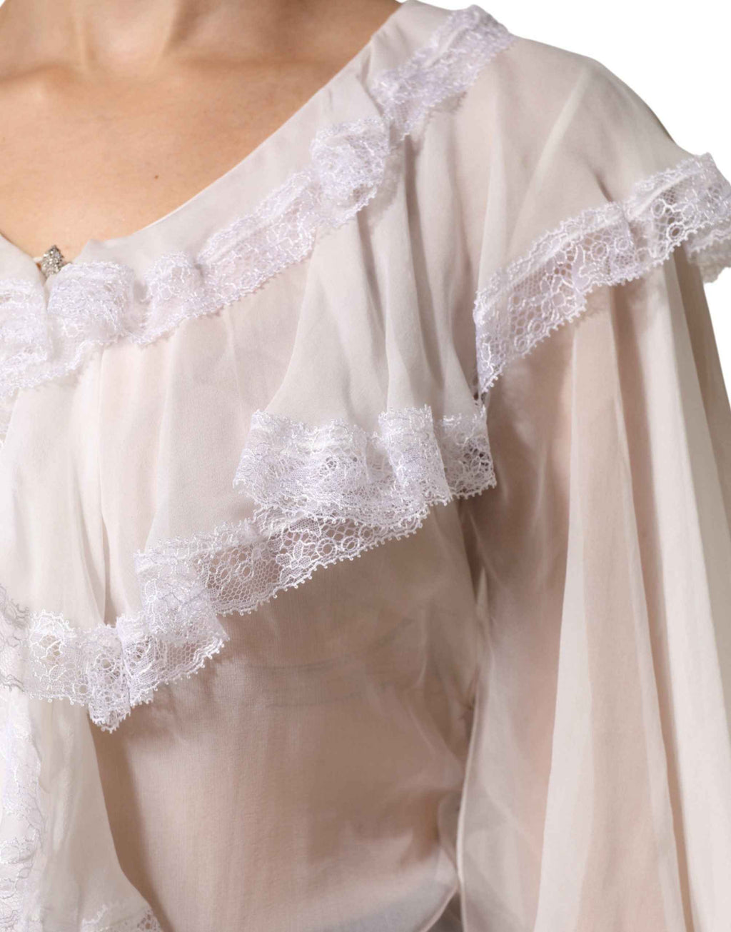 Dolce & Gabbana White LongSleeve Lace Trim Ruffled Blouse Top