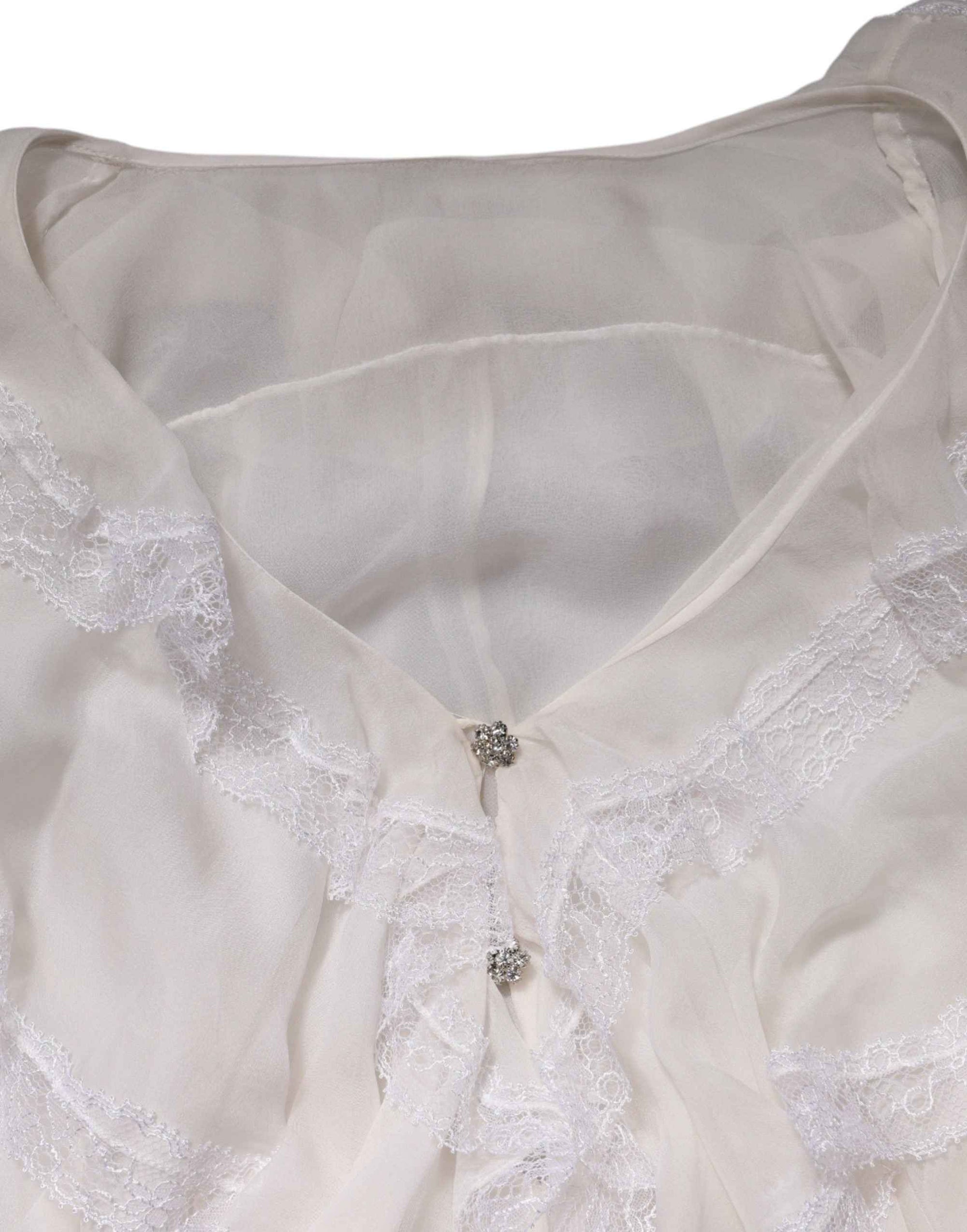 Dolce & Gabbana White LongSleeve Lace Trim Ruffled Blouse Top