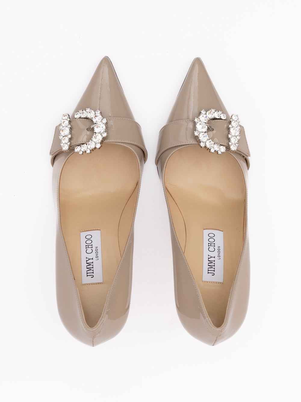 Jimmy Choo Taupe Grey Patent Leather Chery 85 Pumps