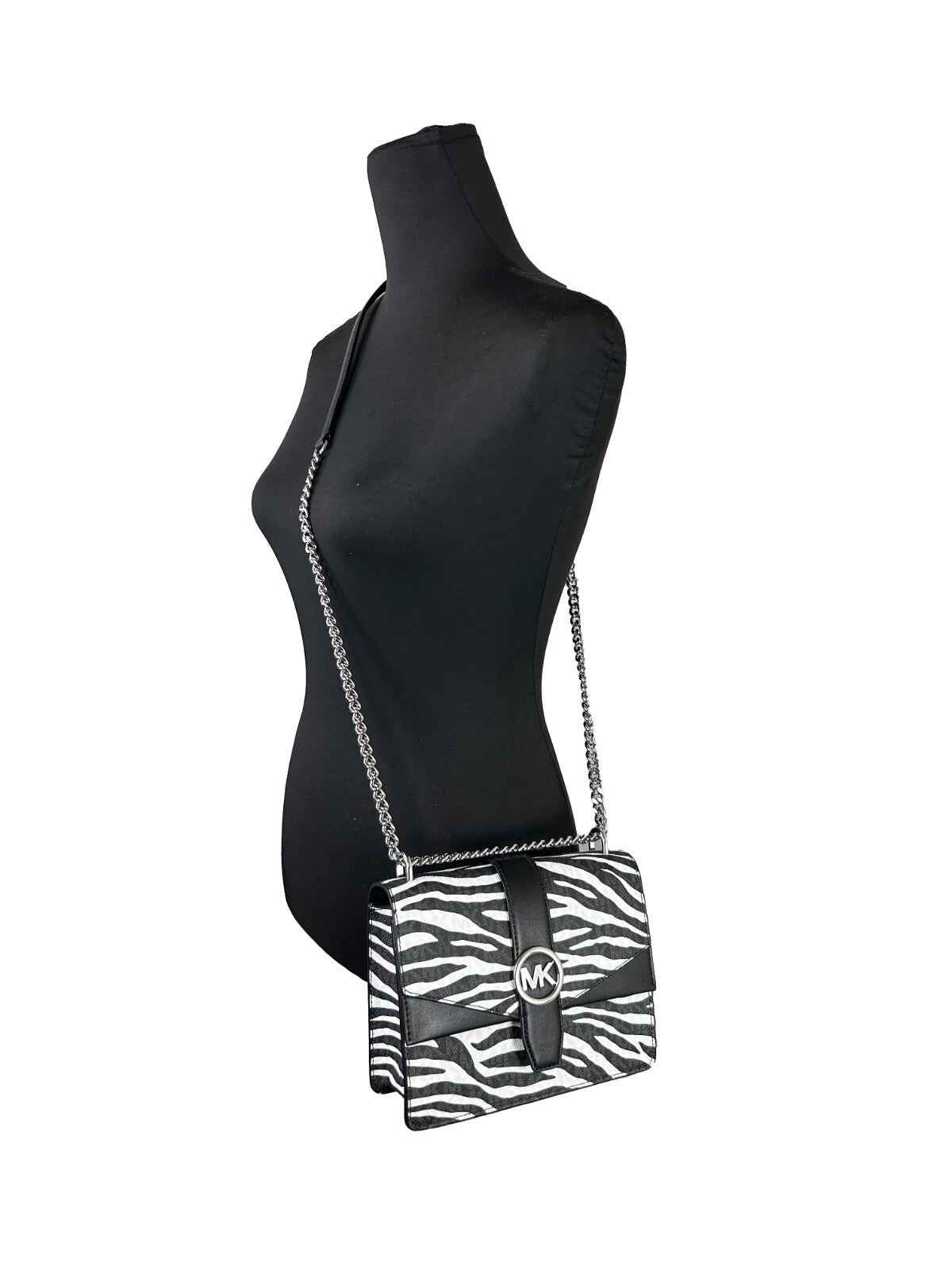 Michael Kors Greenwich Small Print Logo Crossbody Tote Chain Bag Black/White $498