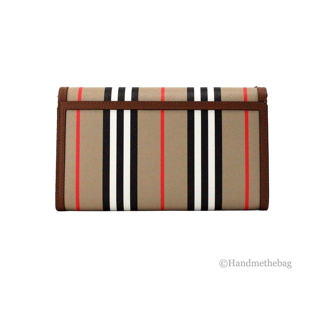 Burberry Hannah Icon Stripe Archive Tan E-Canvas Leather Wallet Crossbody Bag