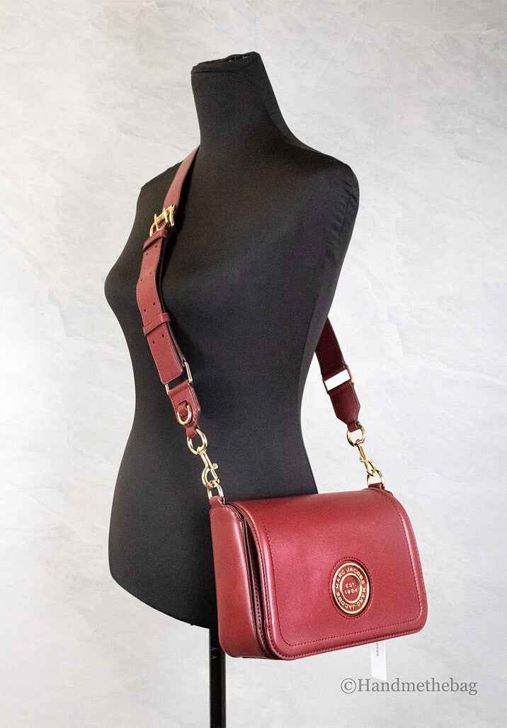 Marc Jacobs Medium Metal Signet Syrah Smooth Leather Flap Crossbody Purse Bag