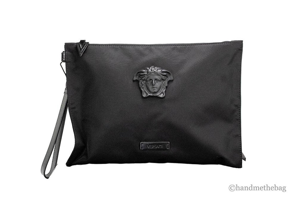 Versace Large Black Nylon Fabric Medusa Convertible Pouch Clutch Wristlet Bag