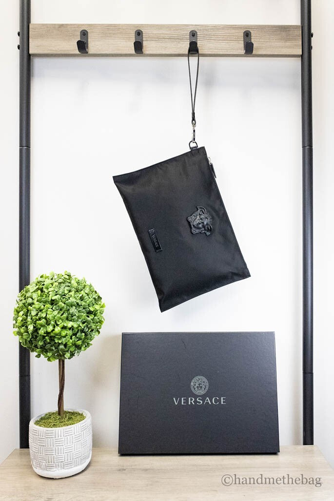 Versace Large Black Nylon Fabric Medusa Convertible Pouch Clutch Wristlet Bag