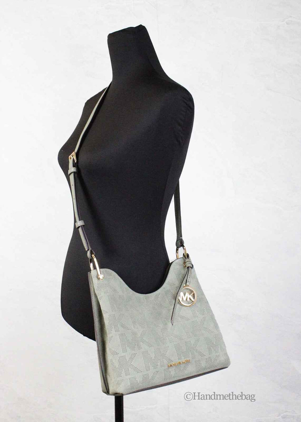Michael Kors Joan Small Green Perforated Suede Leather Slouchy Messenger Handbag
