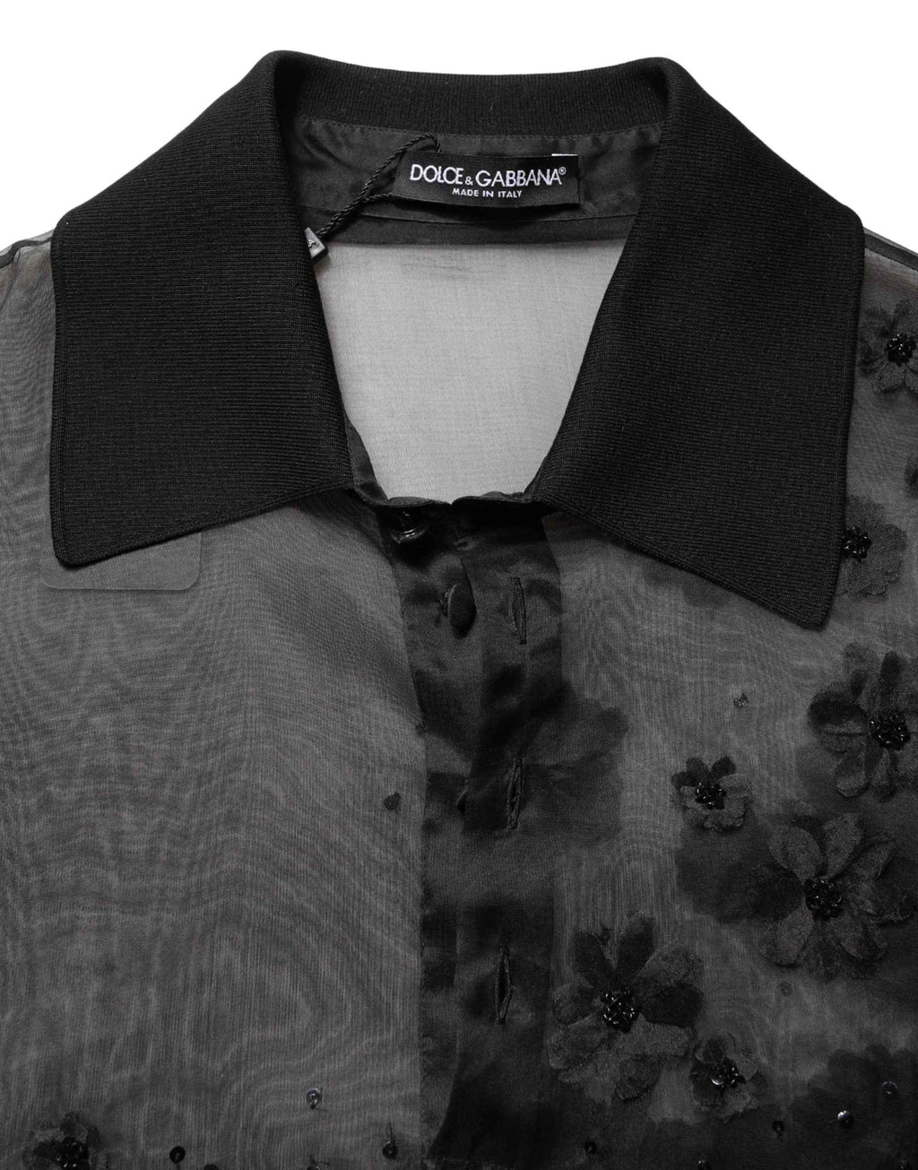 Dolce & Gabbana Black Floral Applique Sheer Short Sleeve Shirt