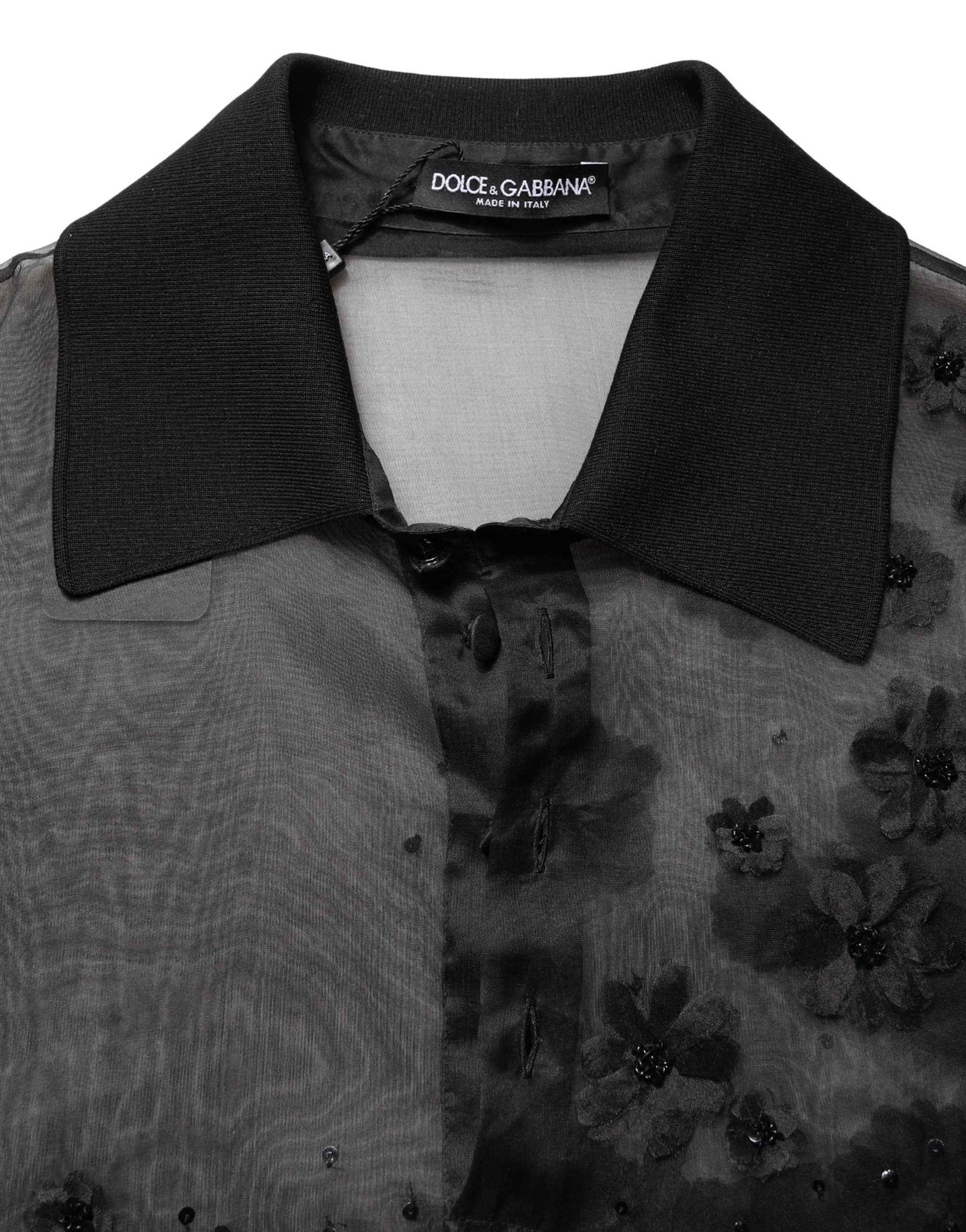 Dolce & Gabbana Black Floral Applique Sheer Short Sleeve Shirt