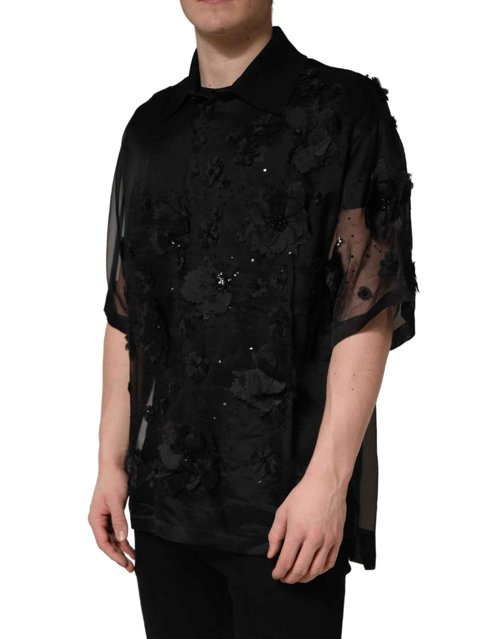 Dolce & Gabbana Black Floral Applique Sheer Short Sleeve Shirt