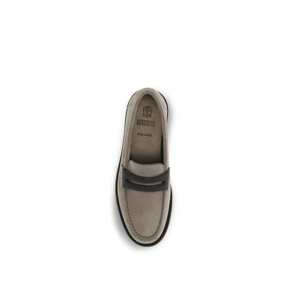 Brunello Cucinelli Gray Calf Leather Bos Taurus Slip-On Loafers