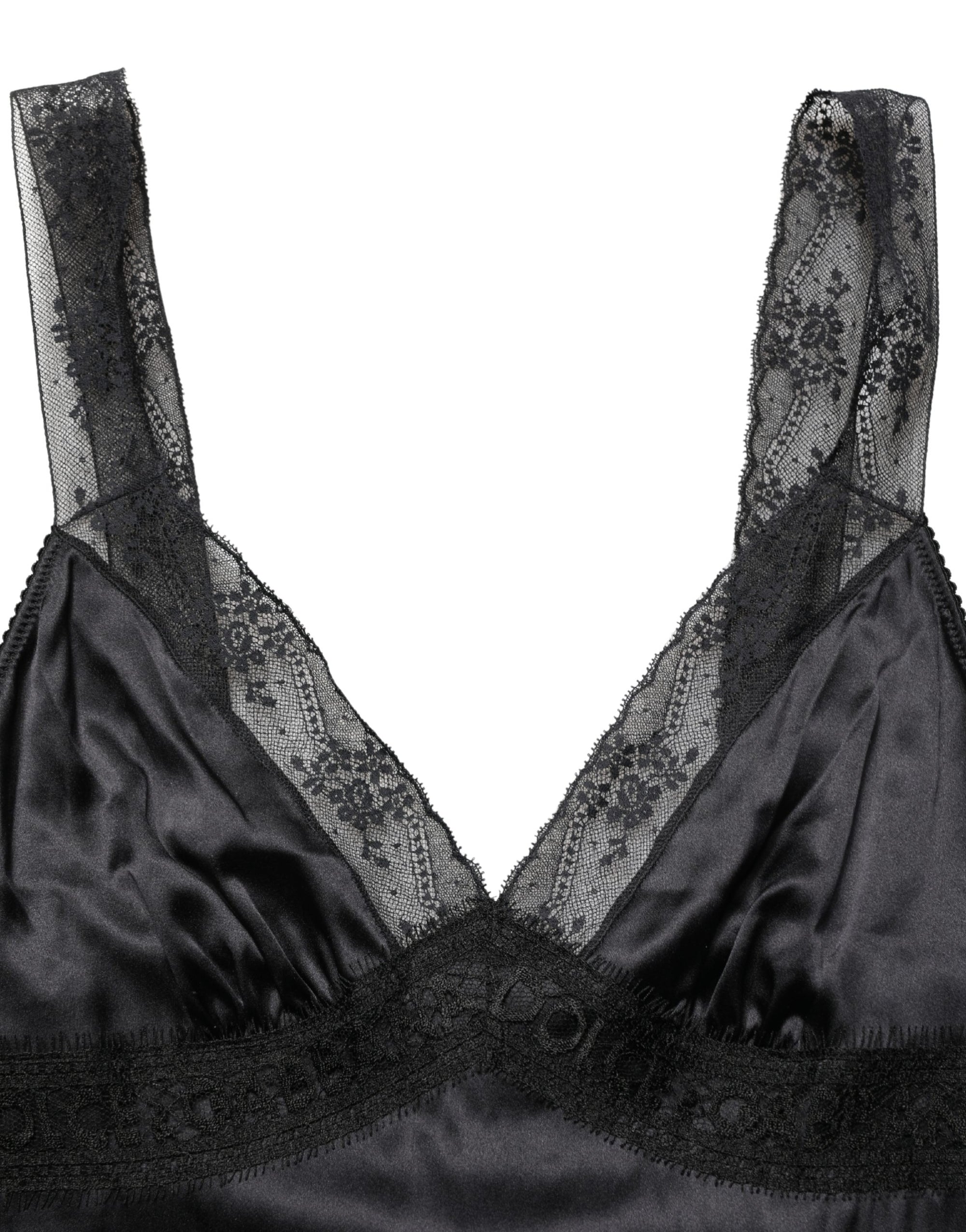 Dolce & Gabbana Black Silk Lace Trim Camisole V-neckline Tank Top