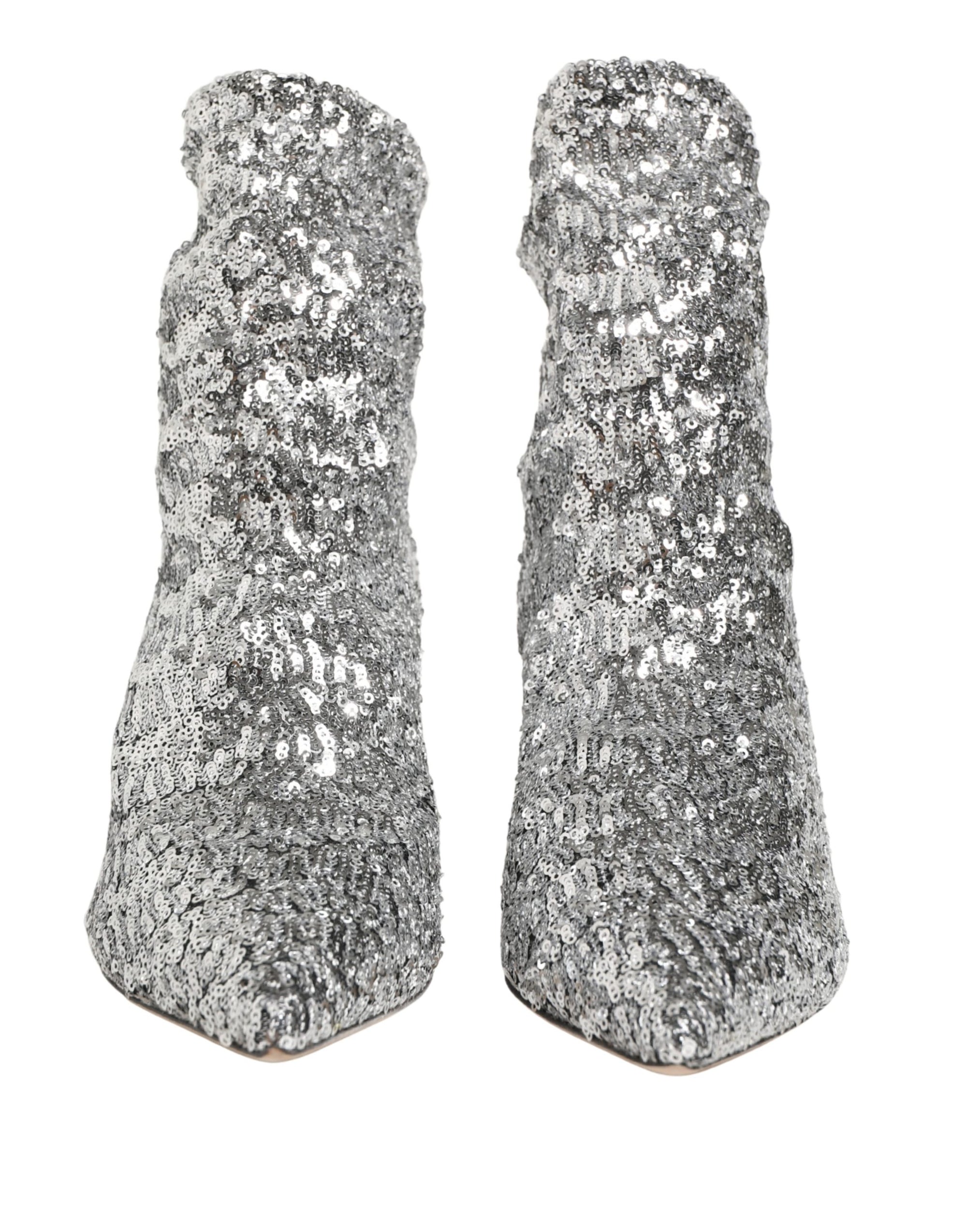 Dolce & Gabbana Silver Sequined Short Boots Stretch Shoes