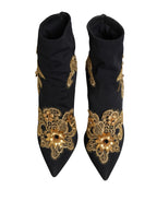 Dolce & Gabbana Black Gold Embroidery Crystal Boots Shoes