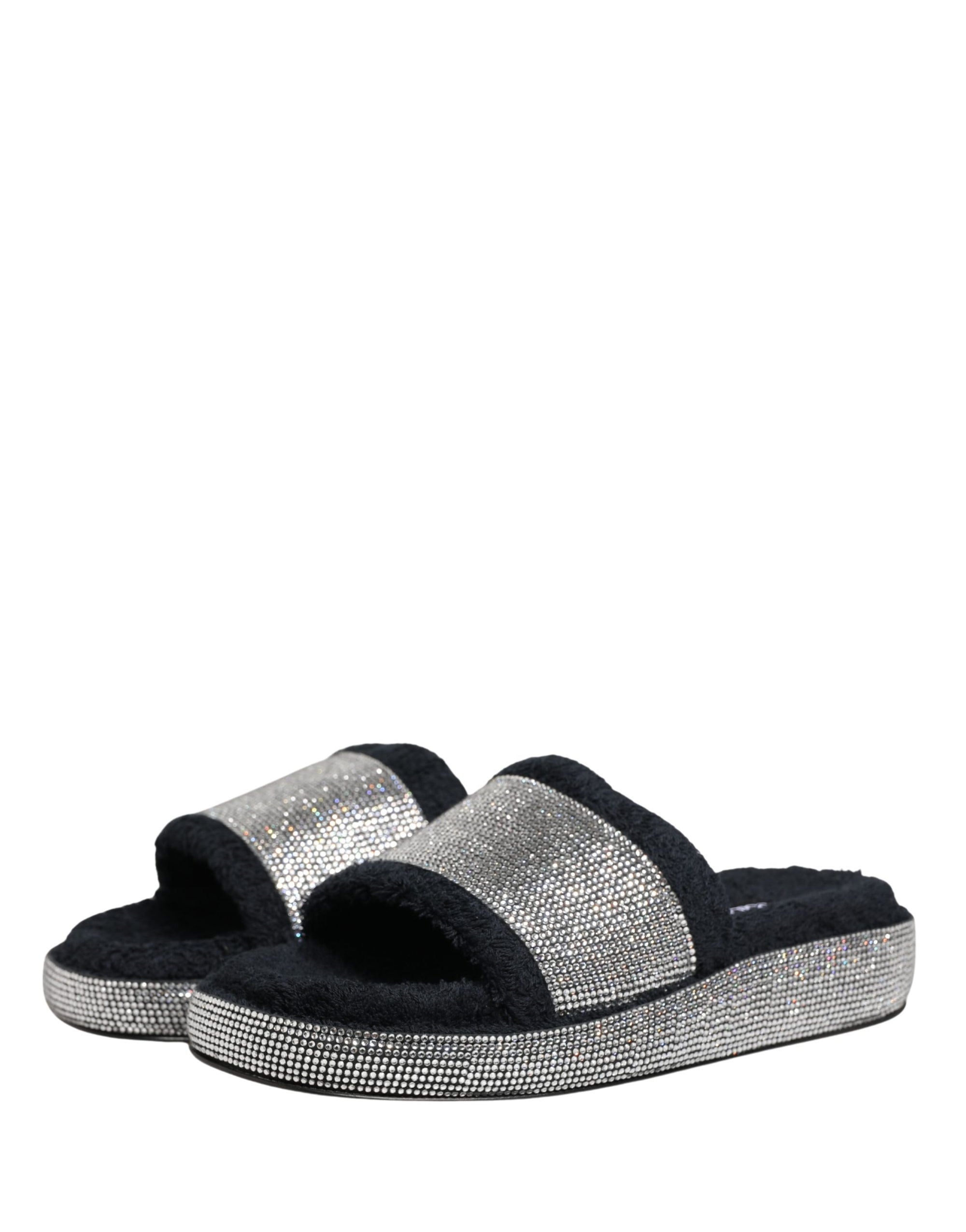 Dolce & Gabbana Black Crystal Embellished Platform Slides Shoes