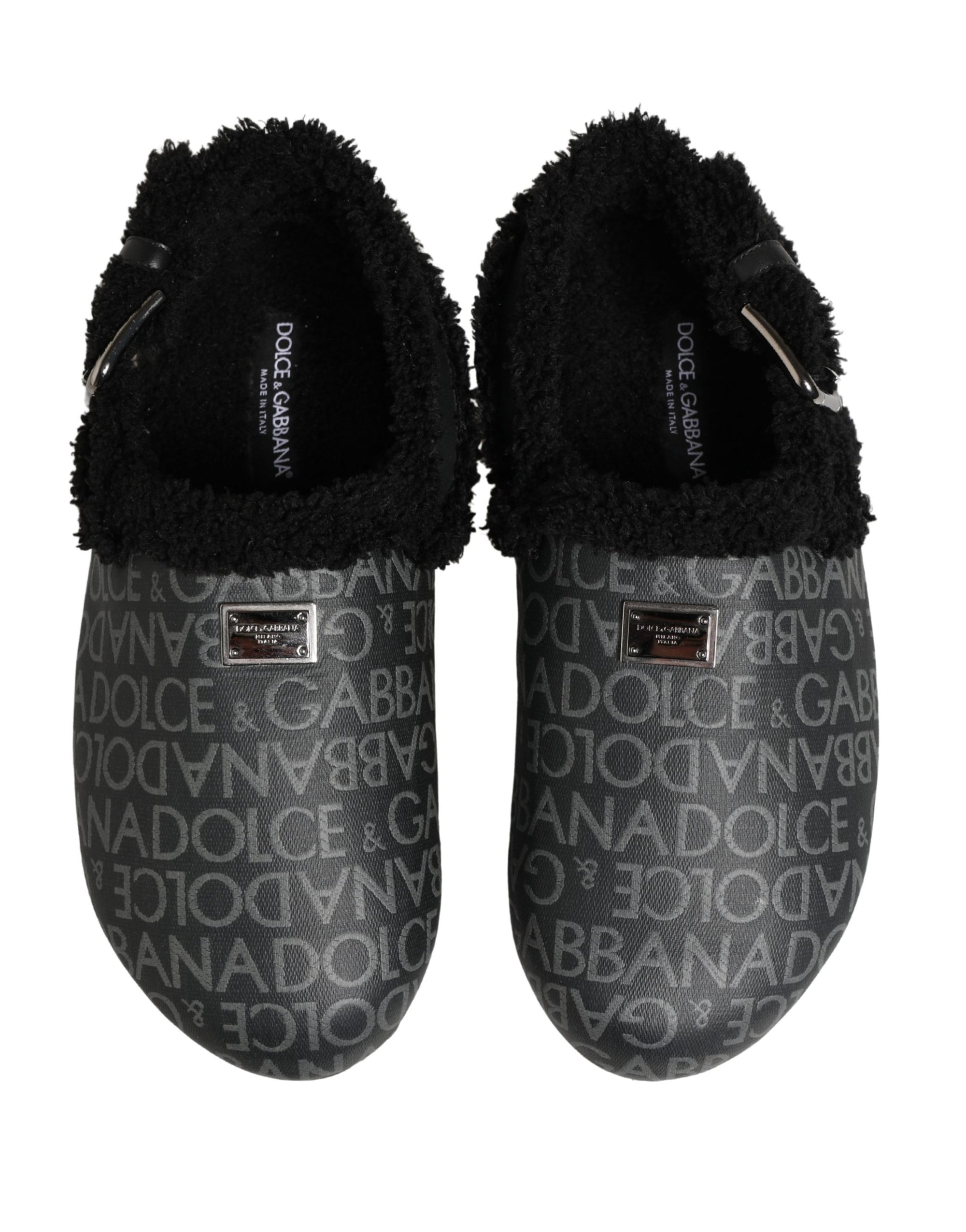 Dolce & Gabbana Gray Faux Fur Jacquard Mules Sandals Shoes