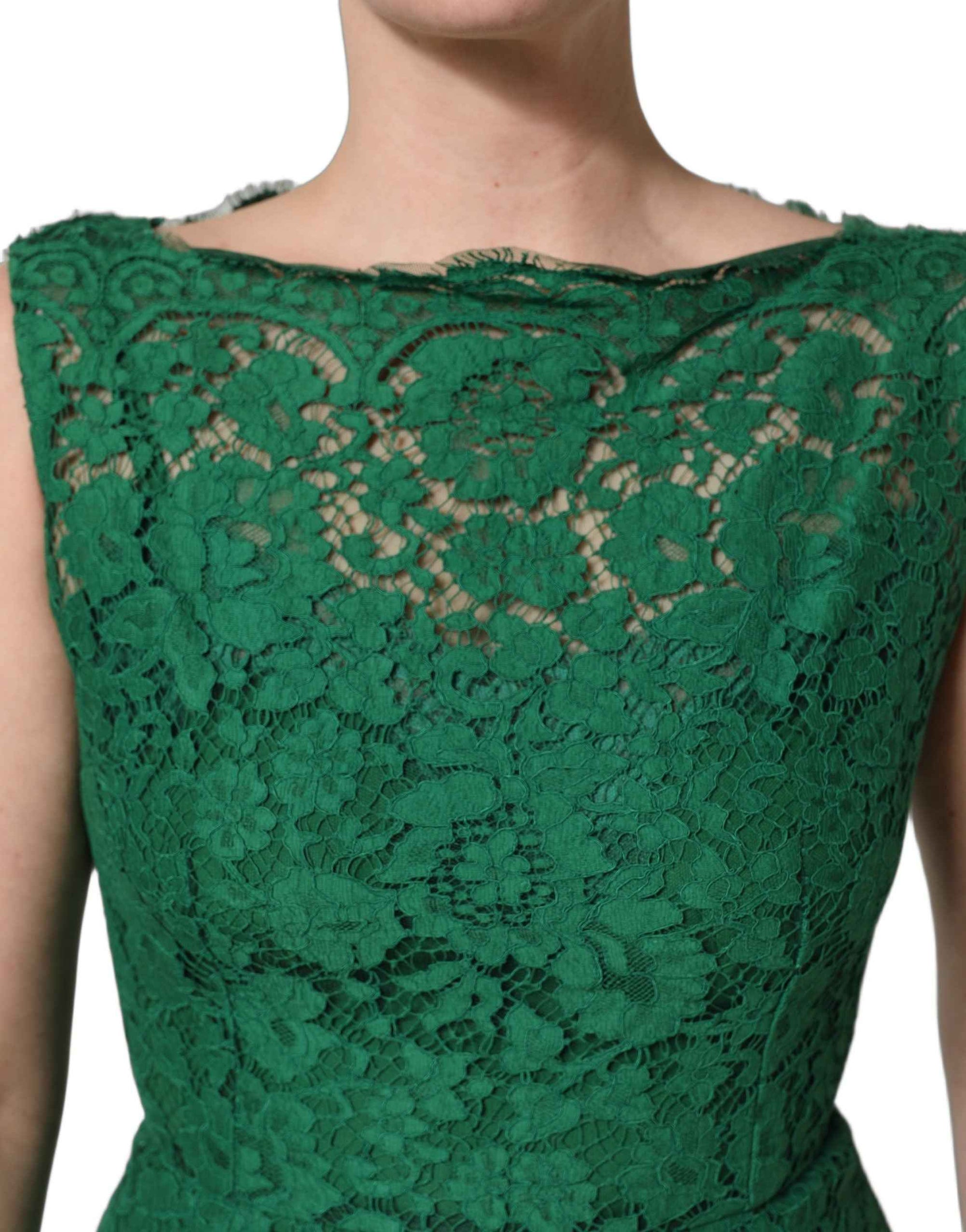 Dolce & Gabbana Green Floral Lace Cotton Sleeveless Midi Dress
