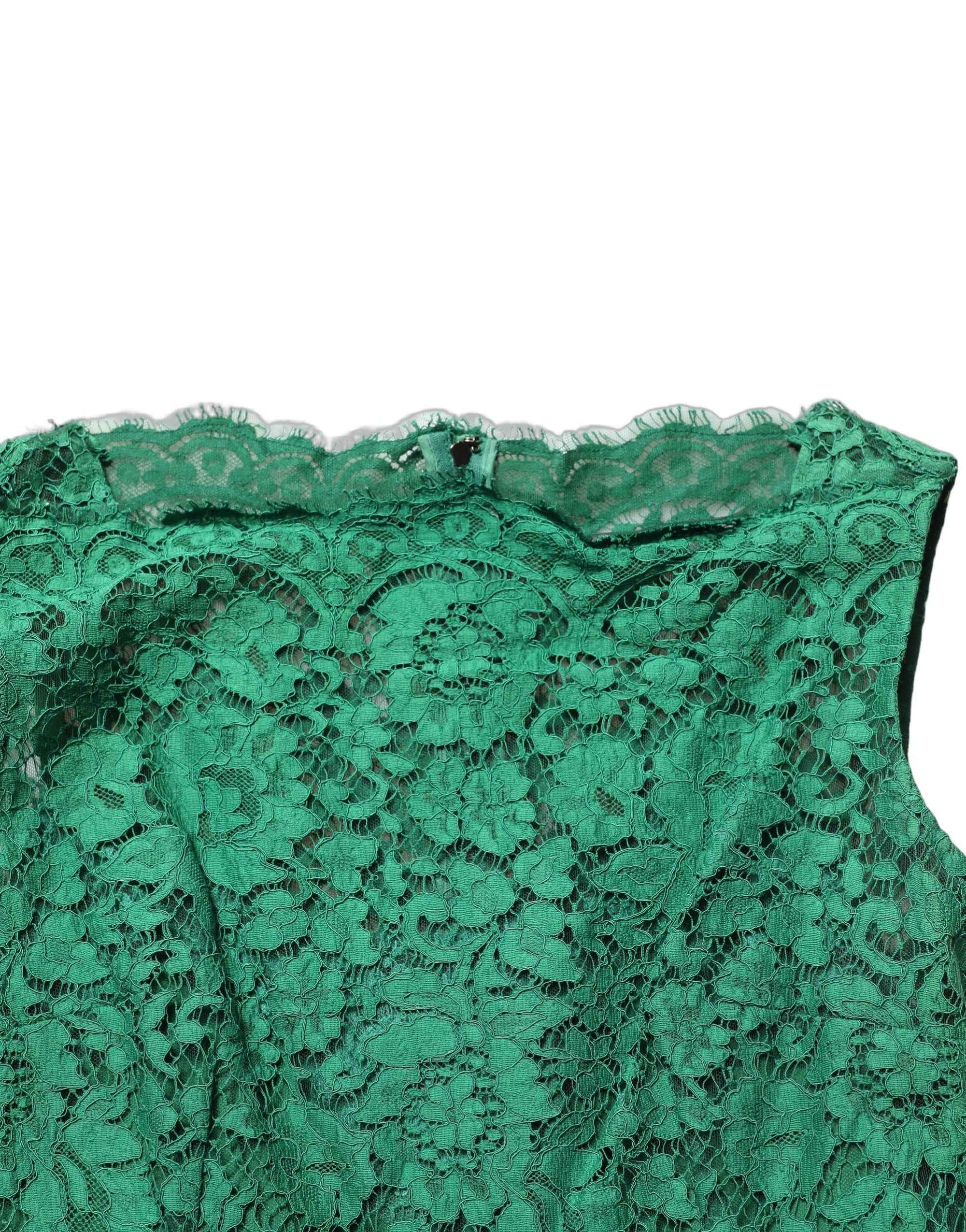 Dolce & Gabbana Green Floral Lace Cotton Sleeveless Midi Dress