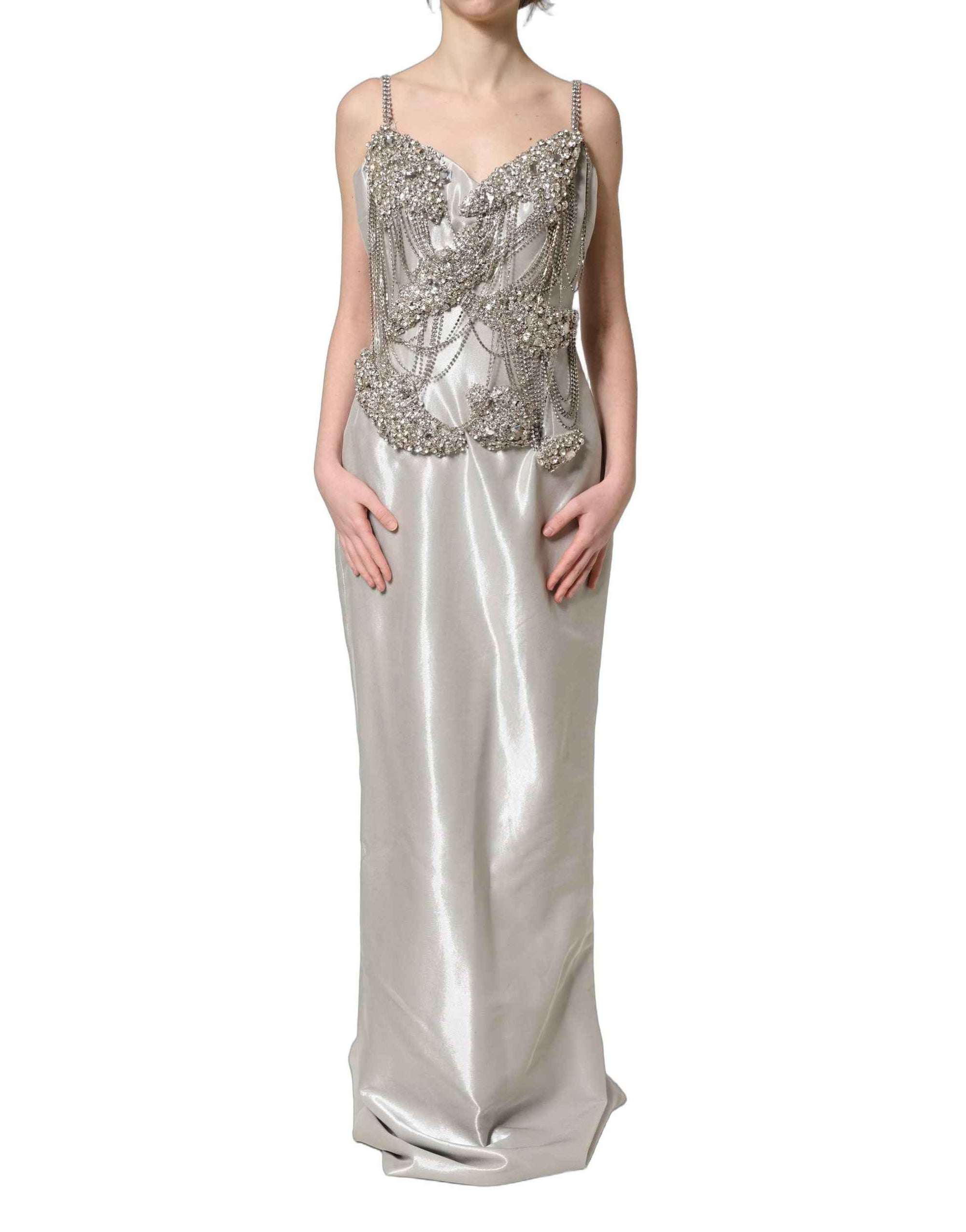 Dolce & Gabbana Silver Crystal Embellished EveningGown Dress
