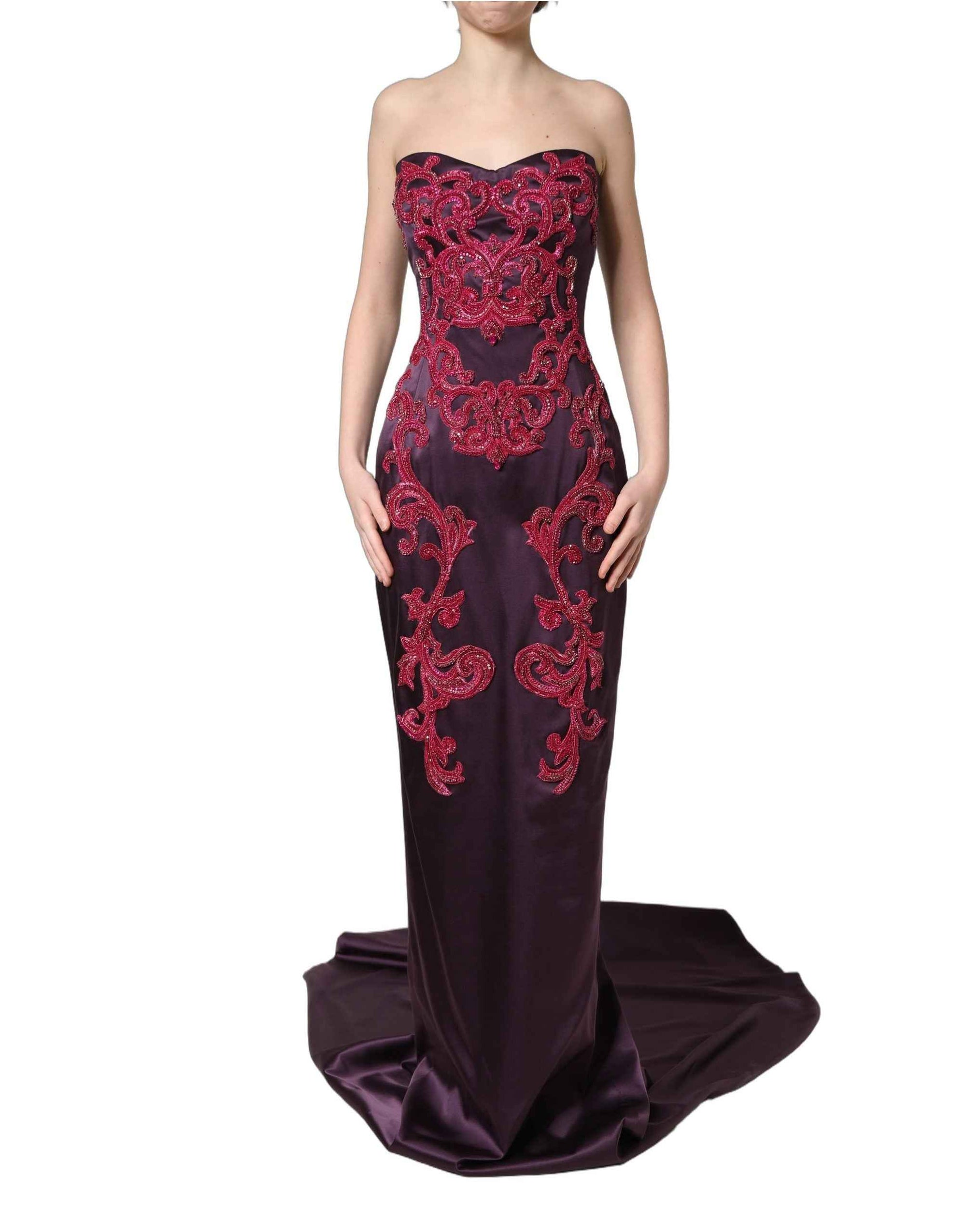 Dolce & Gabbana Purple Silk Crystal Strapless Floor Length Gown Dress