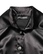 Dolce & Gabbana Black Satin Long Puff Sleeves Pleated Dress