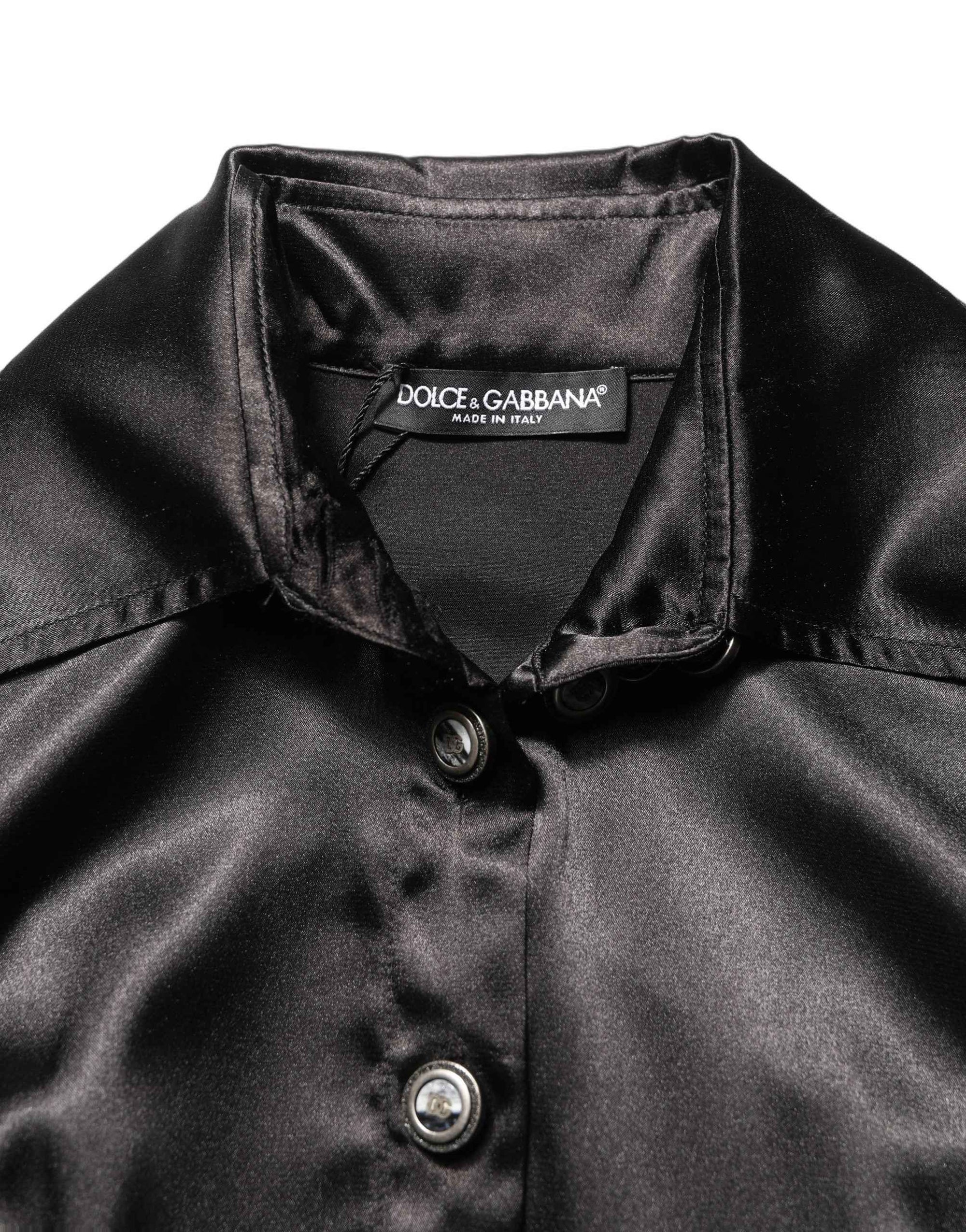 Dolce & Gabbana Black Satin Long Puff Sleeves Pleated Dress