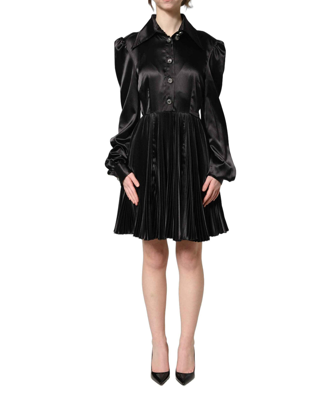 Dolce & Gabbana Black Satin Long Puff Sleeves Pleated Dress